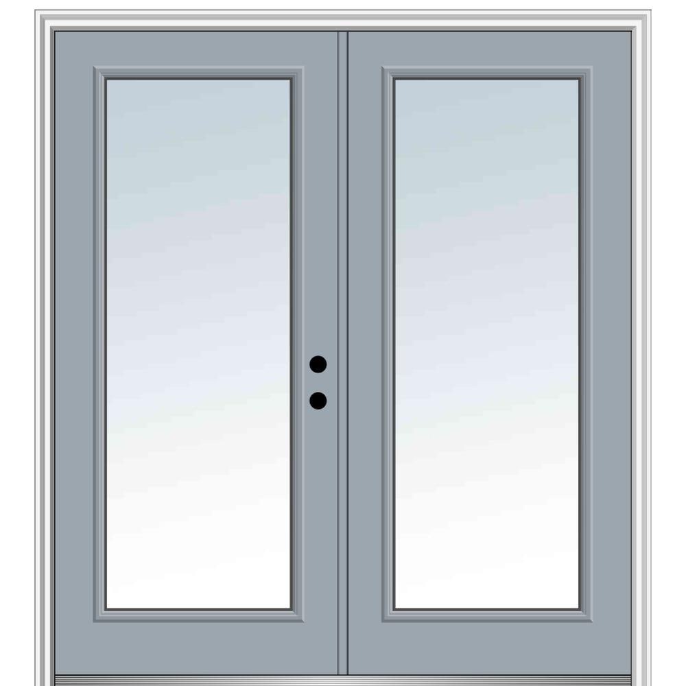 MMI DOOR ZZ13489L 60-in x 80-in x 4-9/16-in Fiberglass Full lite Left-hand inswing Storm Cloud Painted Prehung Double Front Door with Brickmould Insulating core