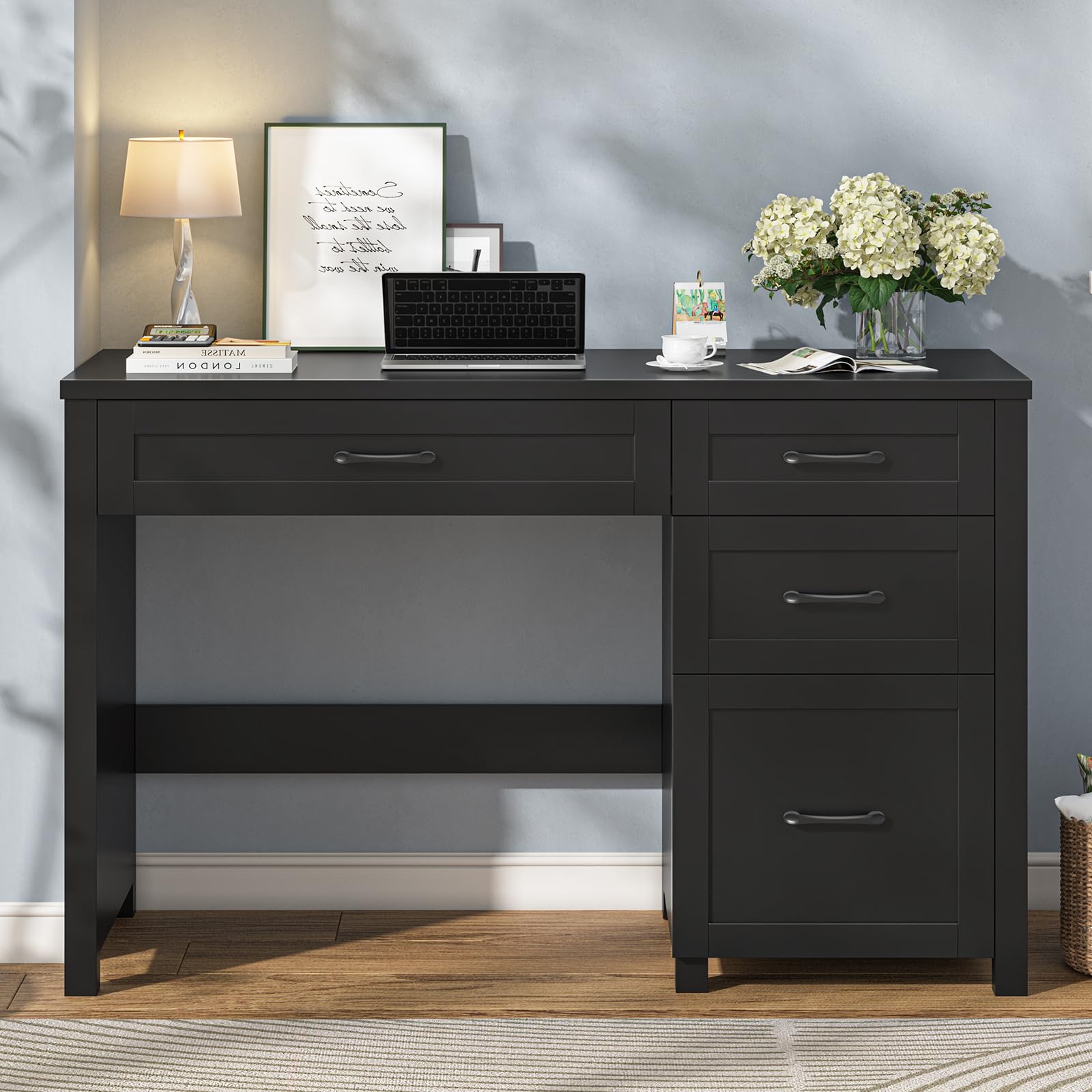 Vabches 47-in W Black Farmhouse Computer Desk with 4 Drawers for Home Office