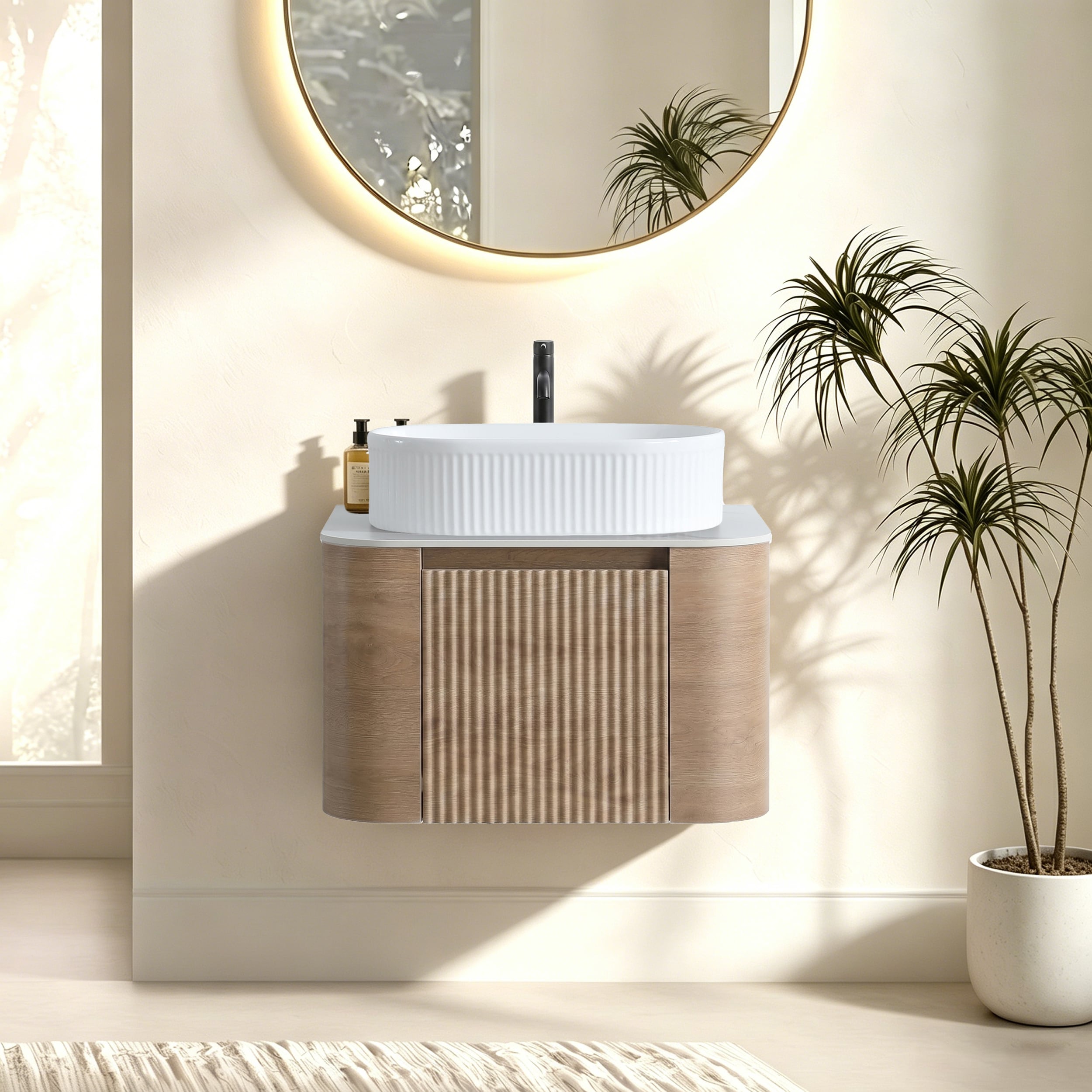 Afhocomp 24.03 in. Single Wall-mount Honey Oak Bath Vanity with White Sintered Stone Top and White Ceramic Sink Assembled