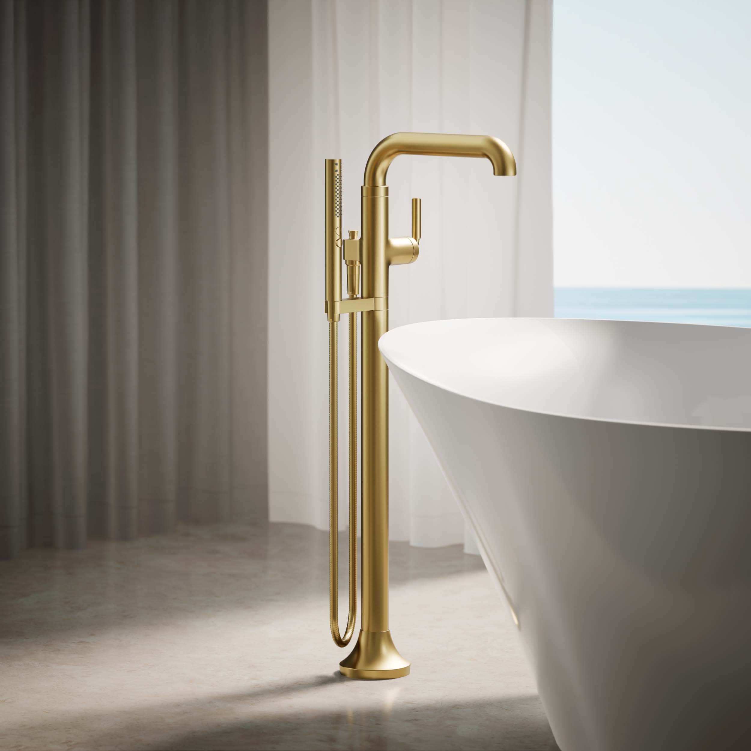 Vibrant Brushed Moderne Brass Freestanding Tub Faucet with Handshower