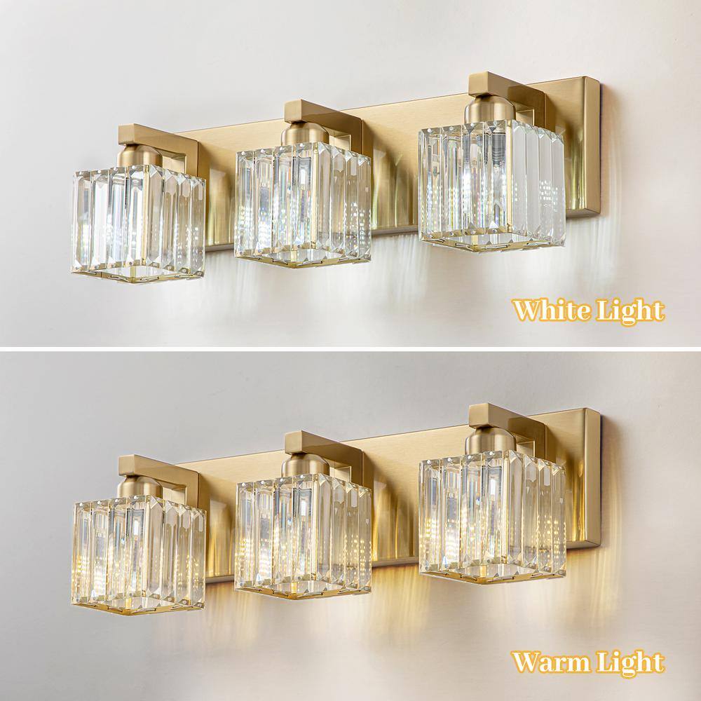 Gold Crystal 3-Light Bathroom Vanity Fixture with Square Shades
