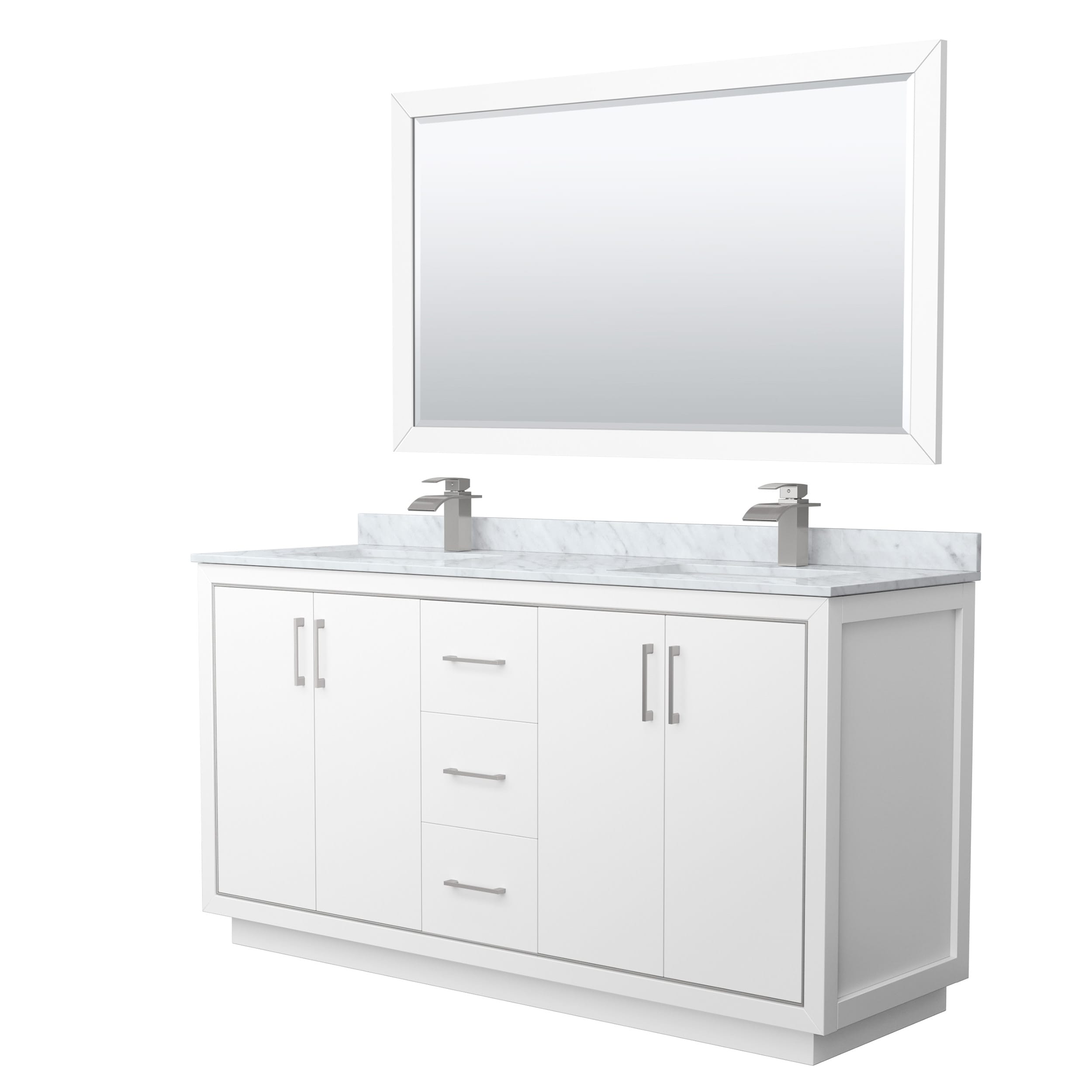 Wyndham Collection WCF111166DWHCMUNSM58 Icon 66-in White with Brushed Nickel Trim Undermount Double sink Bathroom Vanity with White Carrara marble Natural marble Top (Mirror Included)