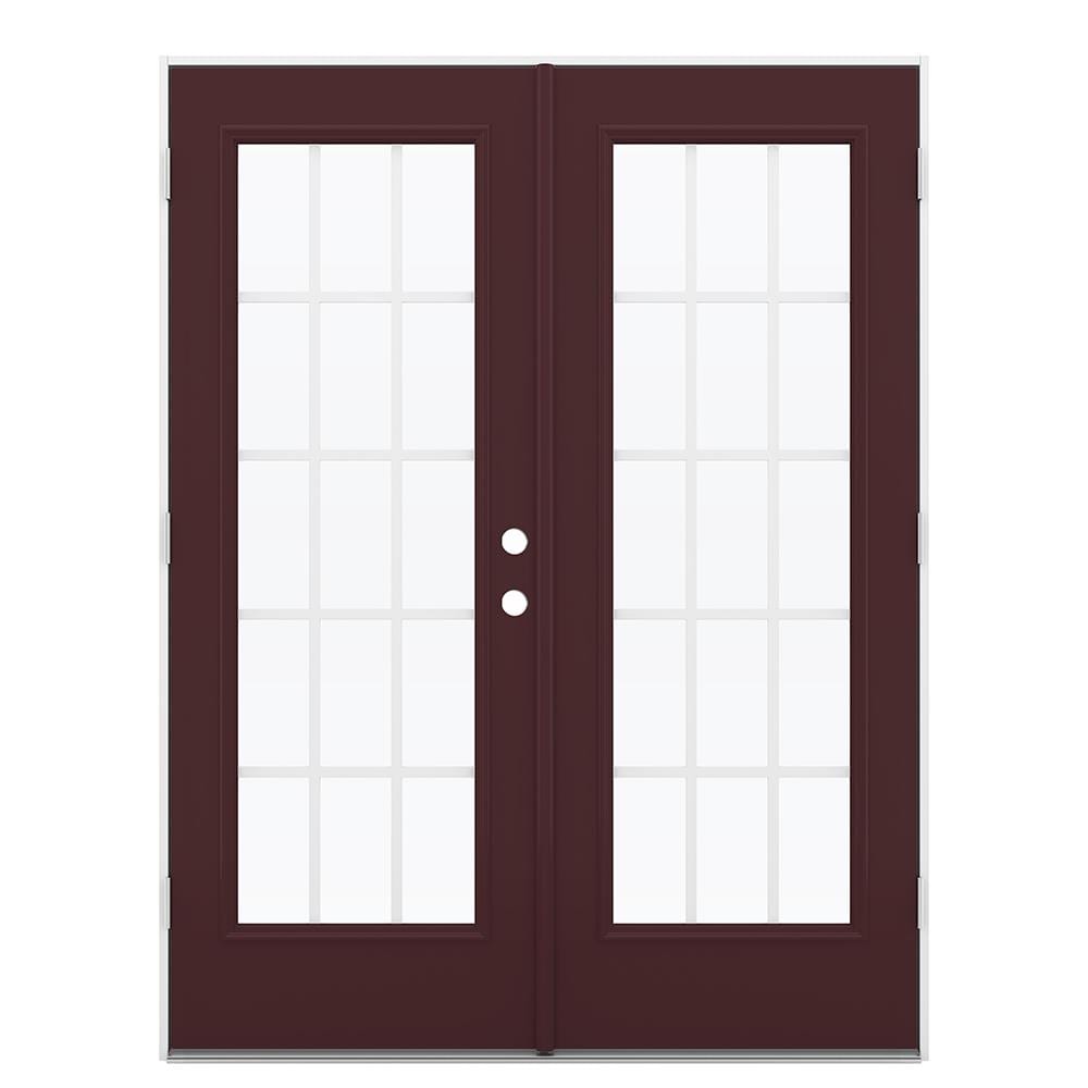 JELD-WEN French 60-in x 80-in x 4-9/16-in Jamb Low-e Grilles Between The Glass Currant Steel French Right-Hand Outswing Double Patio Door in Red -  LOWOLJW206000181