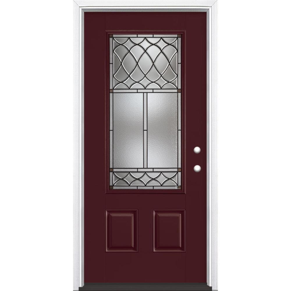 Masonite 825711 Sheldon 36-in x 80-in Fiberglass 3/4 Lite Left-Hand Inswing Currant Painted Single Front Door with Brickmould Insulating Core