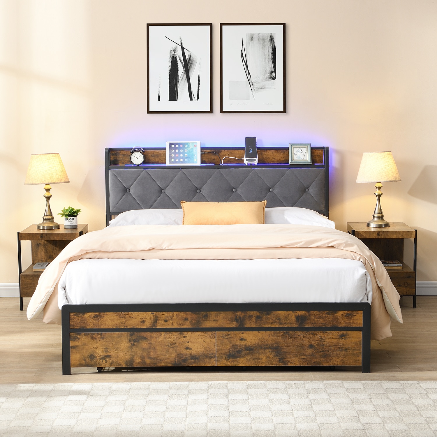 GZMR 9129BL-CROV Queen Bed Frame with LED Lights and Storage Brown+Gray Queen Composite Bed frame Bed with Storage