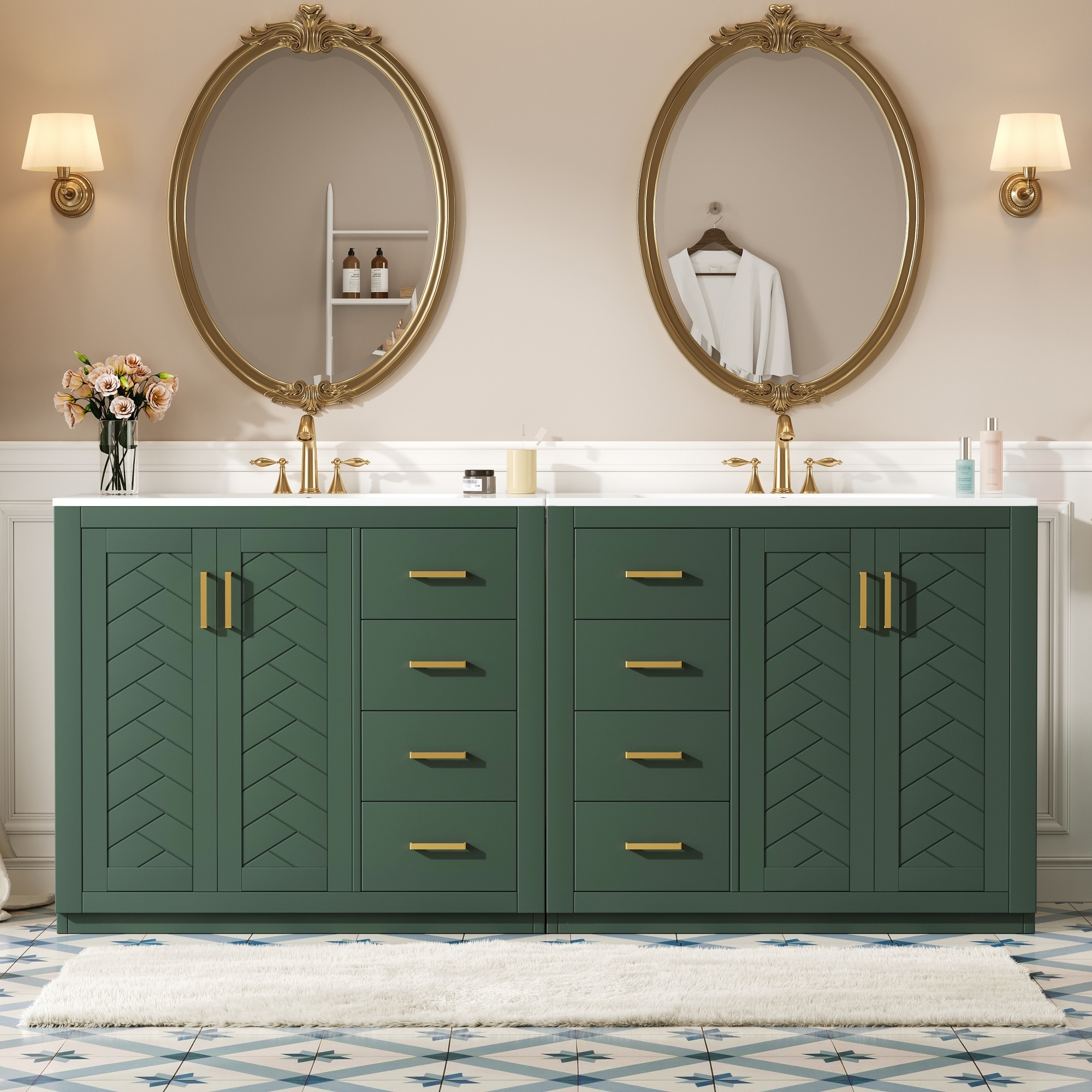 Tatayosi RY-SS00013F 72 inches Bathroom Vanity with Ceramic Sink (Separate) Solid Wood Frame Bathroom Storage Cabinet Freestanding Vanity Set with Drawers Soft Closing Doors