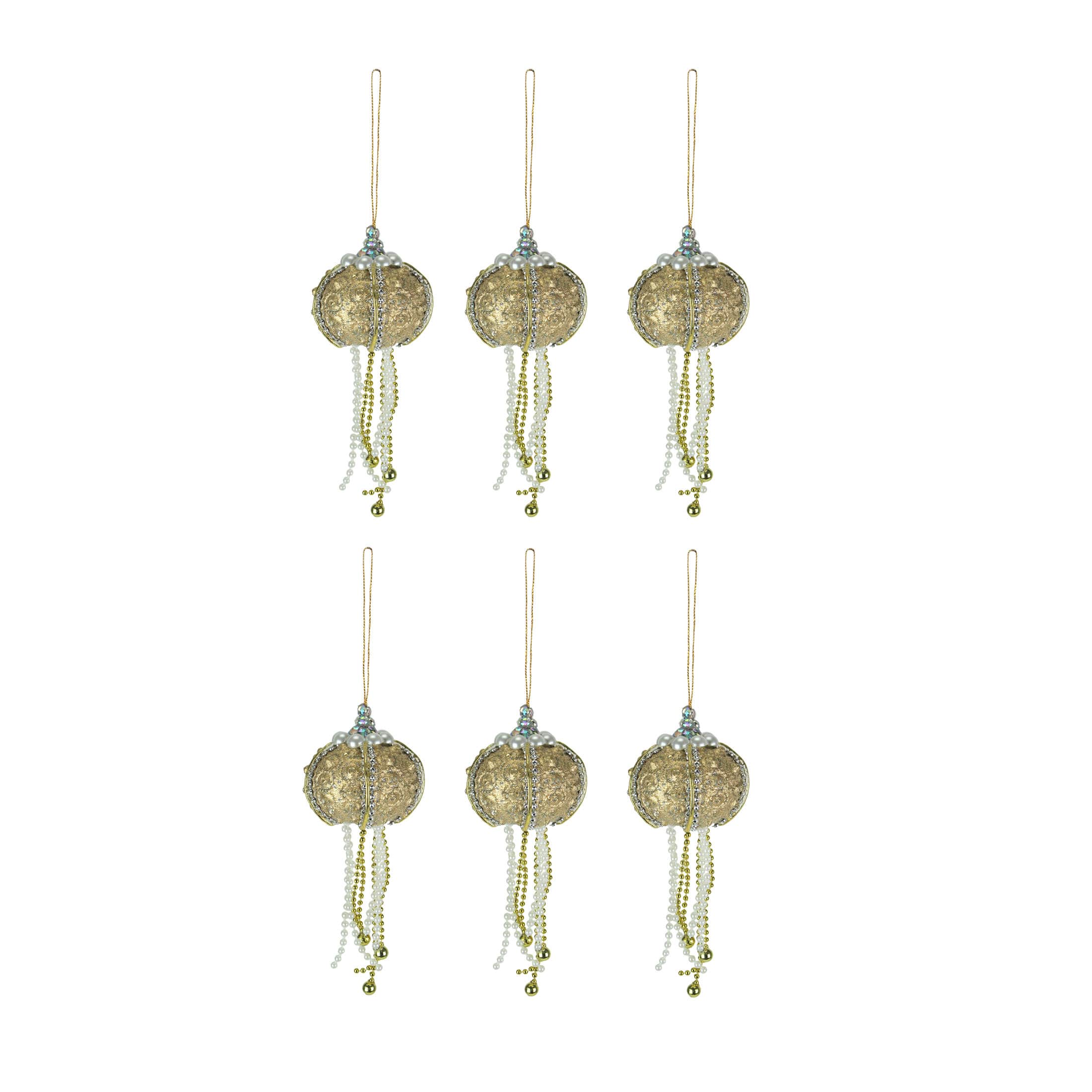 Things2Die4 99391 Set of 6 Elegant Golden Sea Urchin Shell Hanging Ornaments Beaded Accents