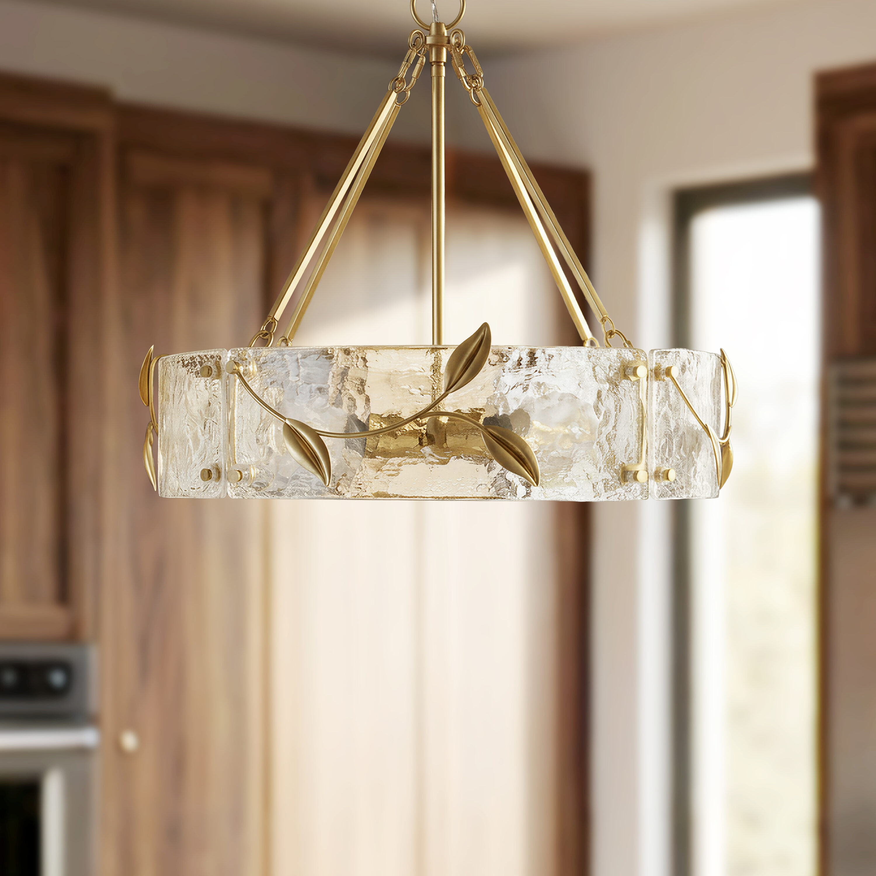 TALOYA 13.5-in Modern Gold 4-Light Empire Chandelier with Handmade Clear Textured Glass Shades Adjustable Height E26 Pendant Light for Kitchen Islands Dining Rooms Living Rooms and Entryways