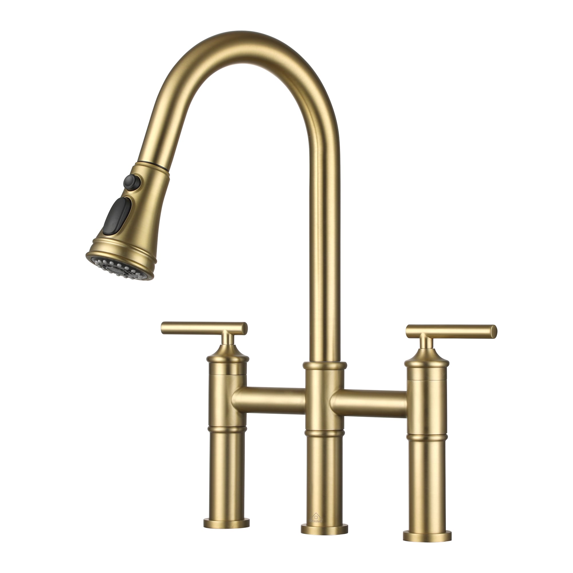 CASAINC KCLT0001-BG Brushed Gold Double Handle Deck-mount Bridge Kitchen Faucet with Sprayer
