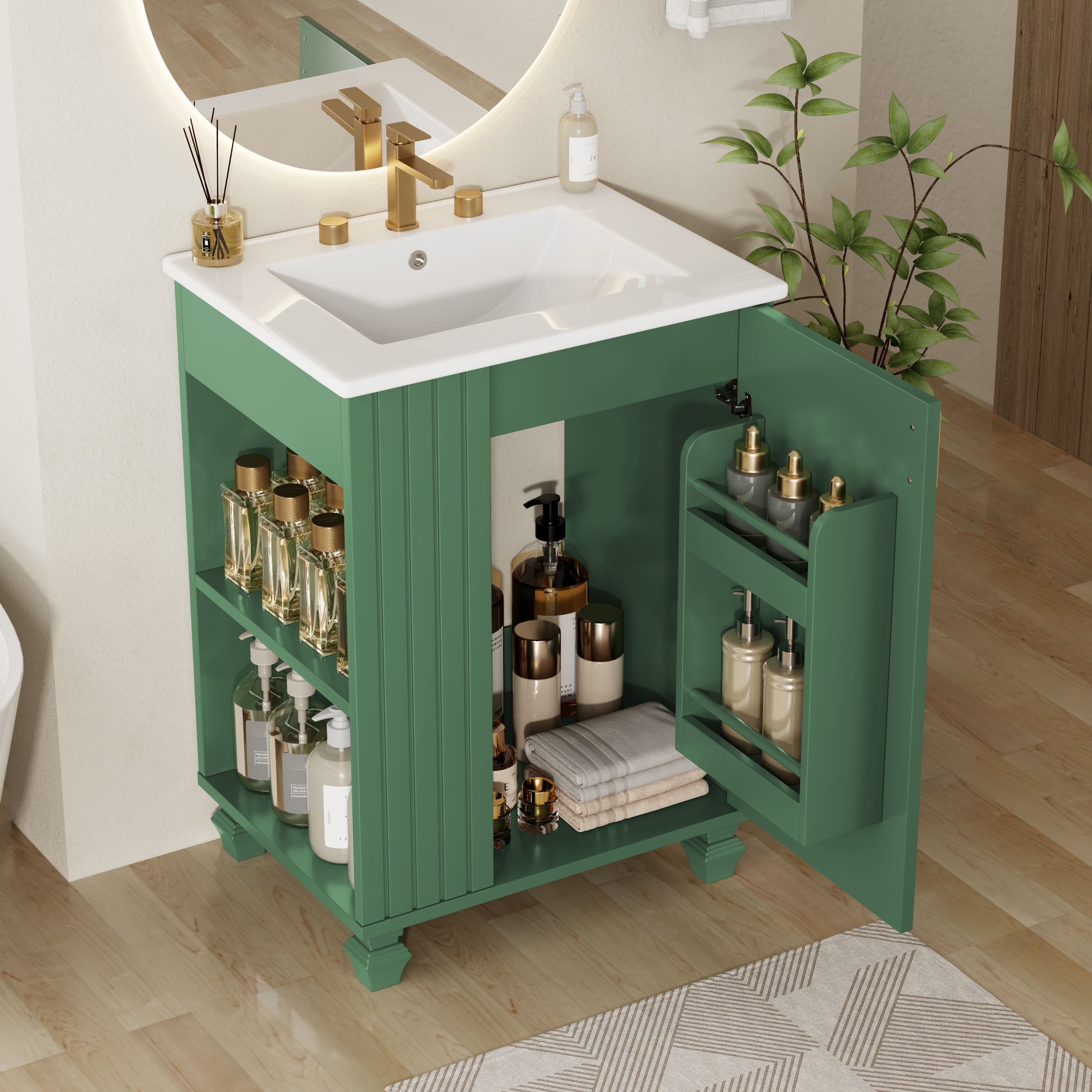 Christopher Knight Home 337100 24 Inches Bathroom Vanity with Sink Bathroom Cabinet with Door Shelf Side Open Storage Solid Wood Frame Soft Closing Door Green