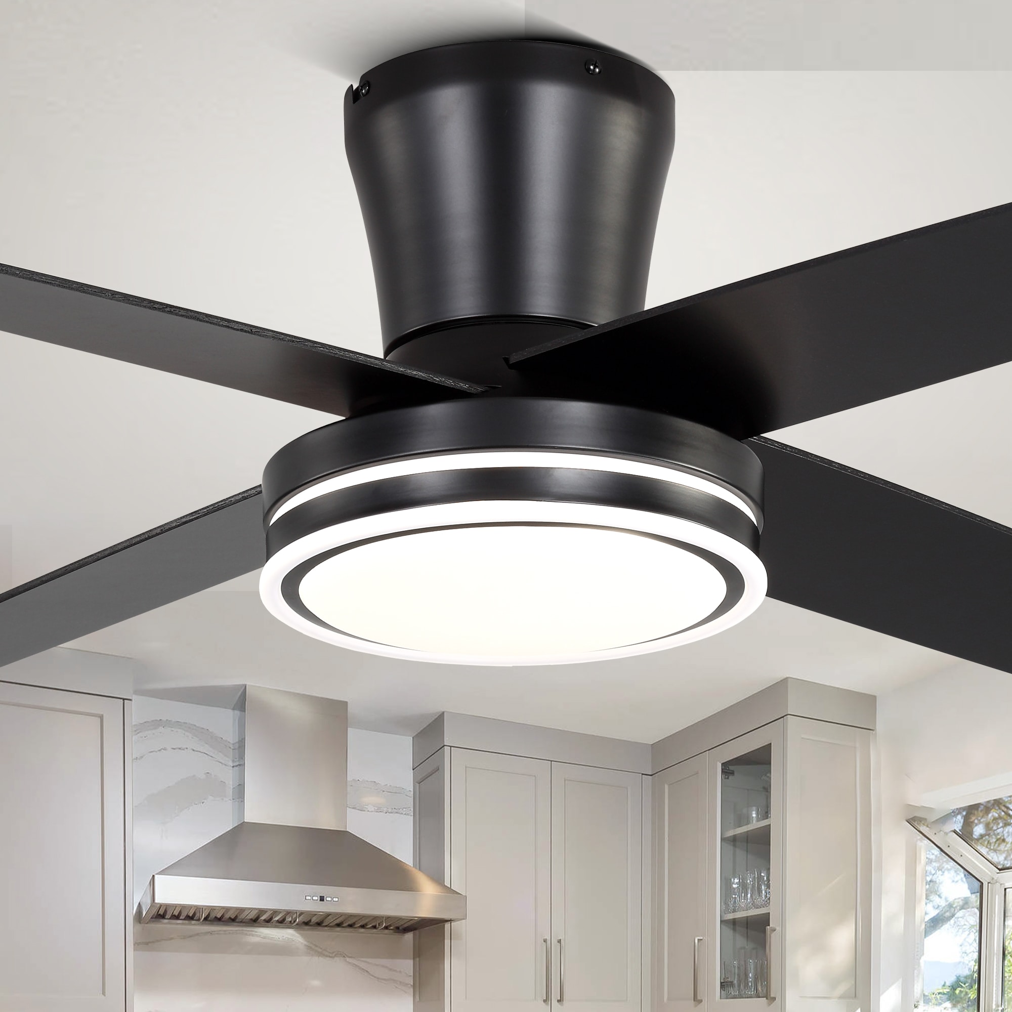 Bella Depot DCFSD4401-BR Onyx 44-in Color-Changing Integrated LED Flush Mount Black with Black Blades Ceiling Fan With Light - Remote Included ( 4 -Blade )