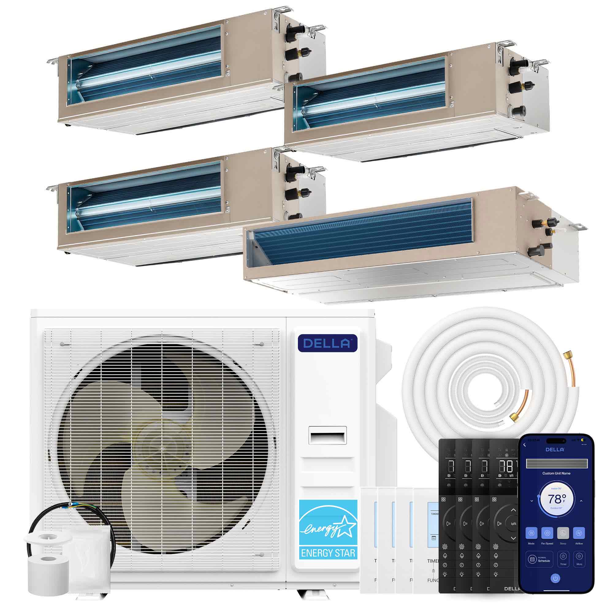 DELLA  41K BTU 4 Zone (9500+9500+9500+22000 BTU) Ducted Mini Split AC