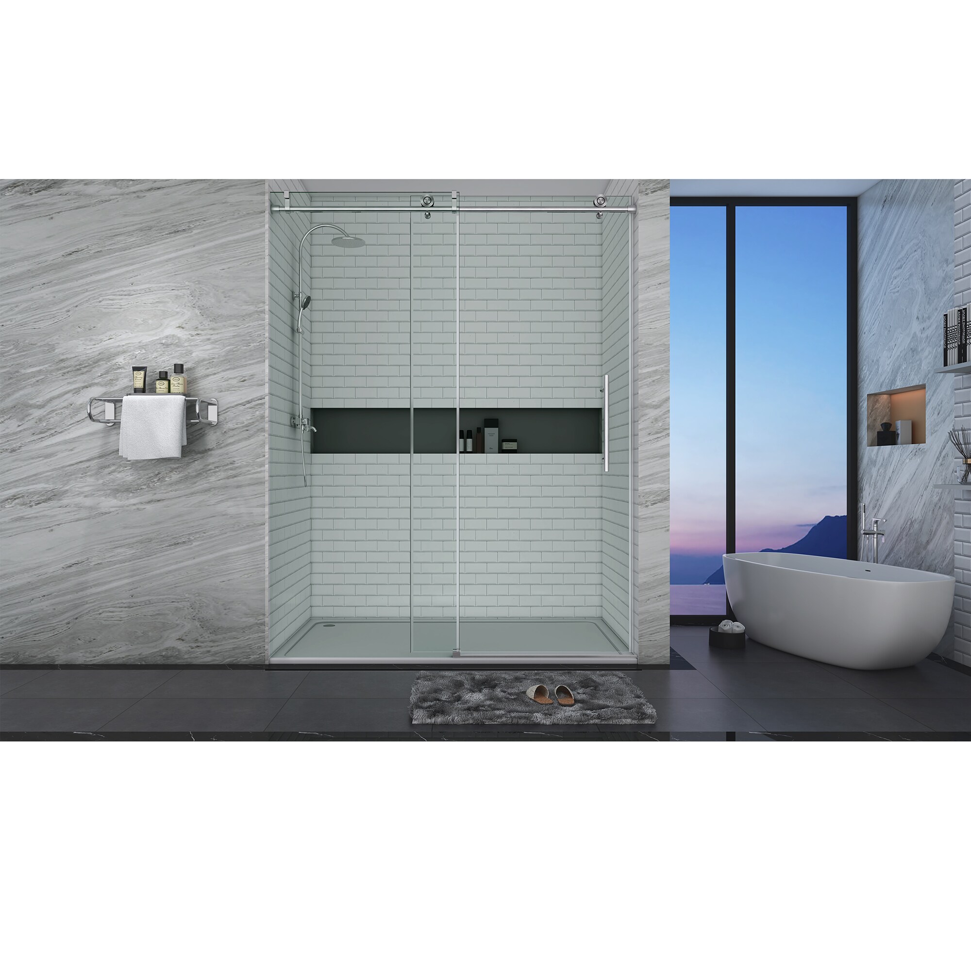 CASAINC CVY-SS09-60BR Shower Door Brushed Nickel 57-in to 60-in W x 76-Inches H Frameless Standard Sliding Soft Close Shower door 3/8-in Thick Clear Glass