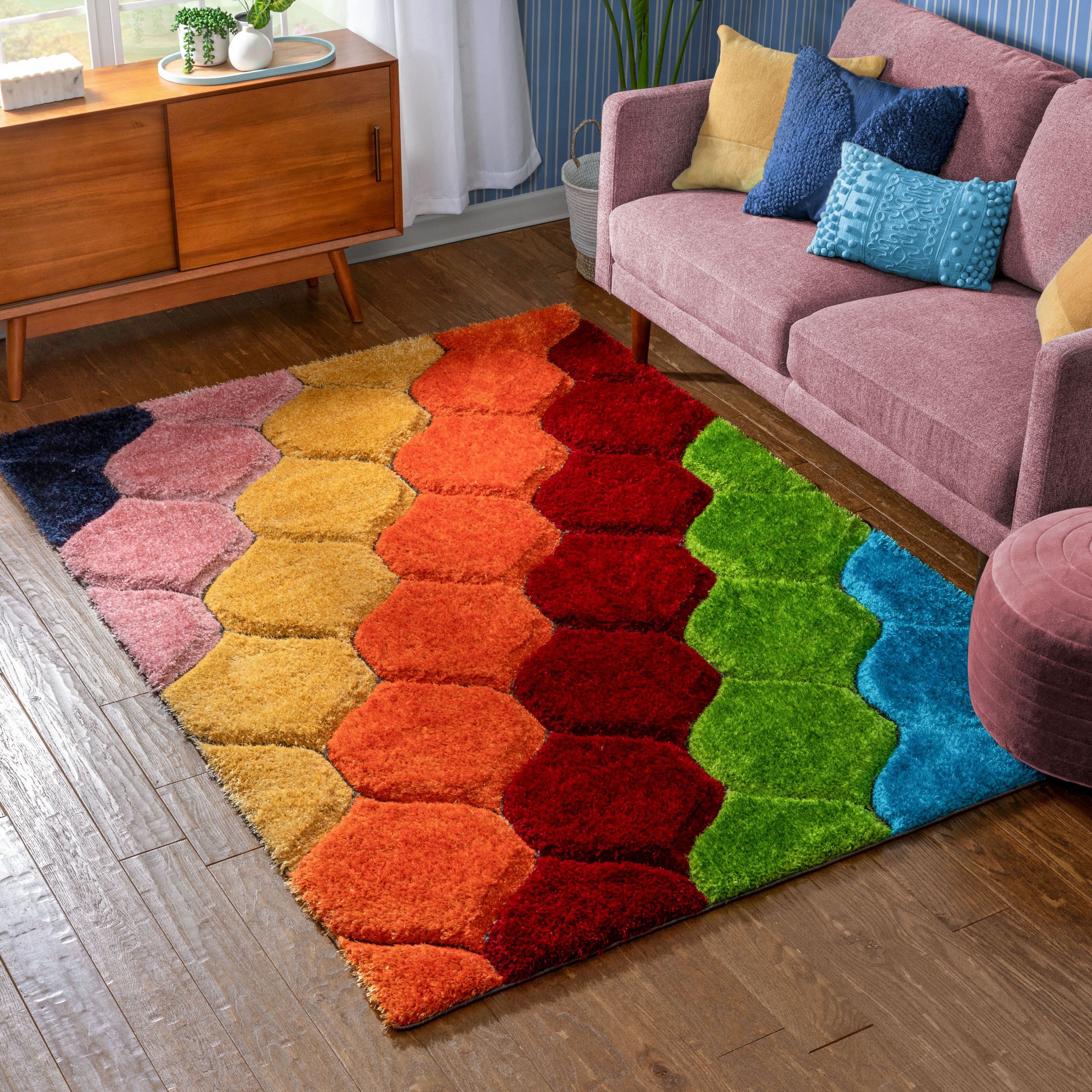 Multicolor Geometric Shag Rug with 3D Texture, 3'11" x 5'3"