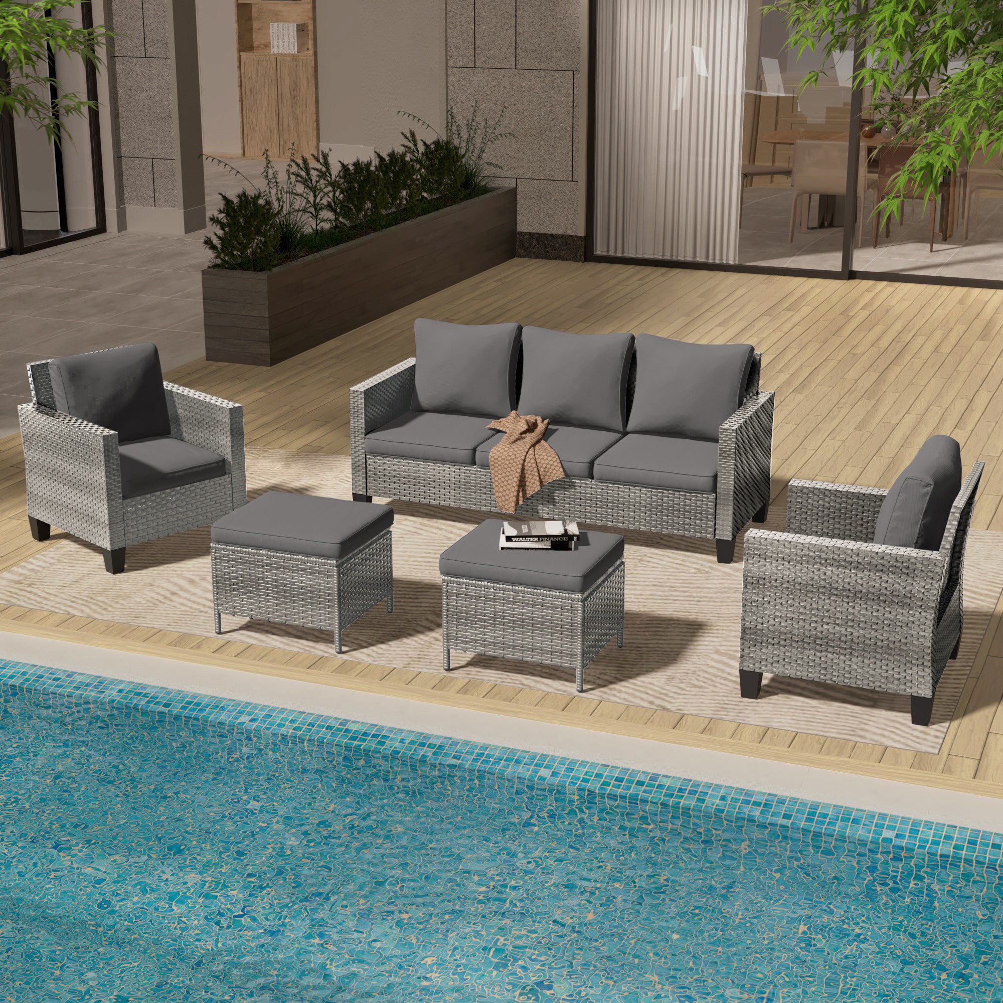 Sonkuki SD-GY615GY-C3 5 -Piece Wicker Patio Sofa Conversation Set with Gray Cushions