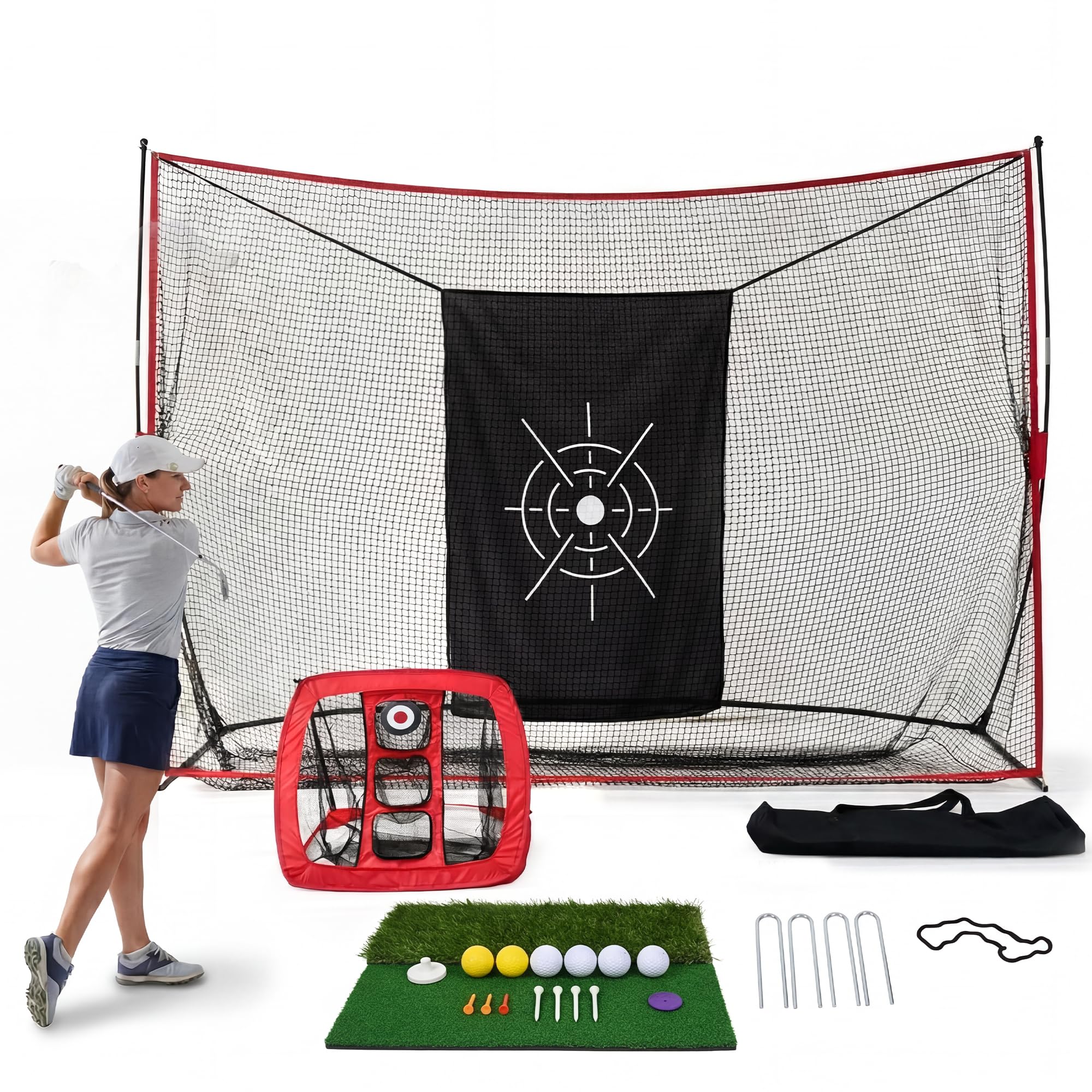 IdealHouse Golf Practice Net 10x7ft for Driving Chipping Putting Backyard and Indoor Training Net with Chipping Targets Mat 8 Tees 6 Balls Carry Bag Heavy Duty for Garage Home Use