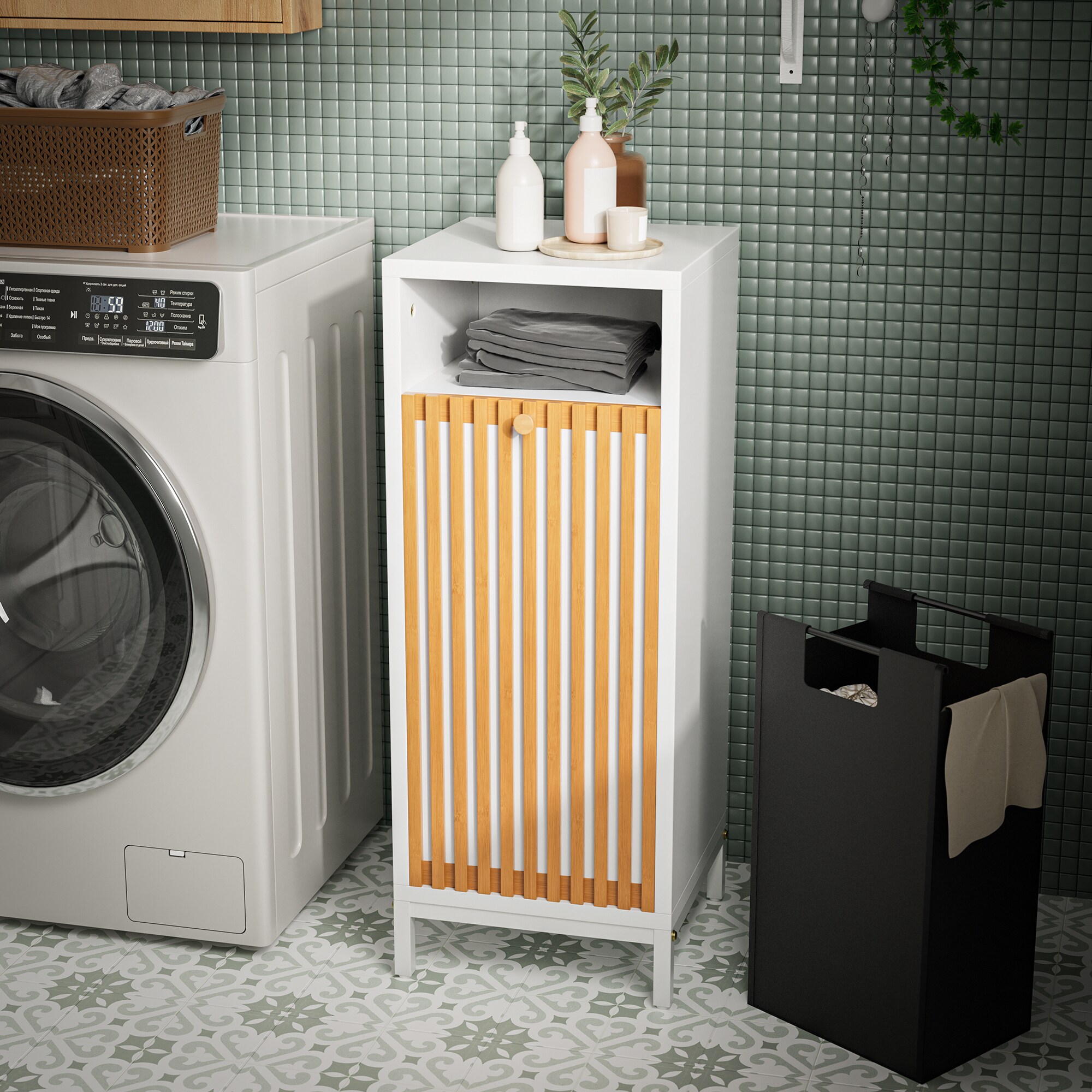 Tatayosi T-2P233444 Bathroom Side Cabinet with Bamboo Front and Hamper Natural-White