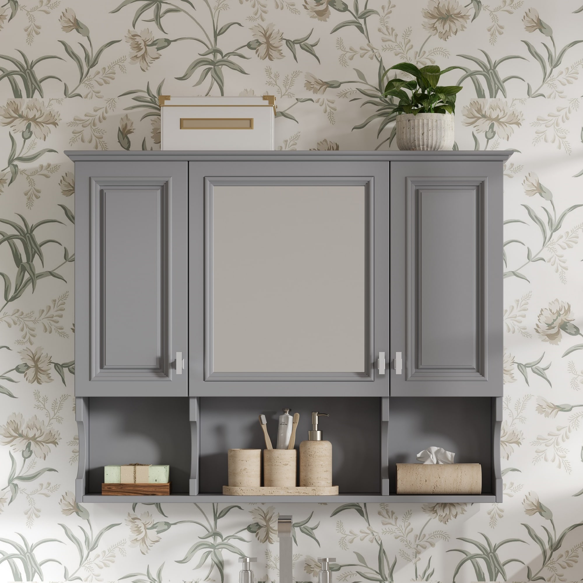 Tahanbath 35 inch x 28 inch Wall Mounted Bathroom Medicine Cabinet Modern Bathroom Wall Cabinet with Mirror Mirror Cabinet with Open Shelves
