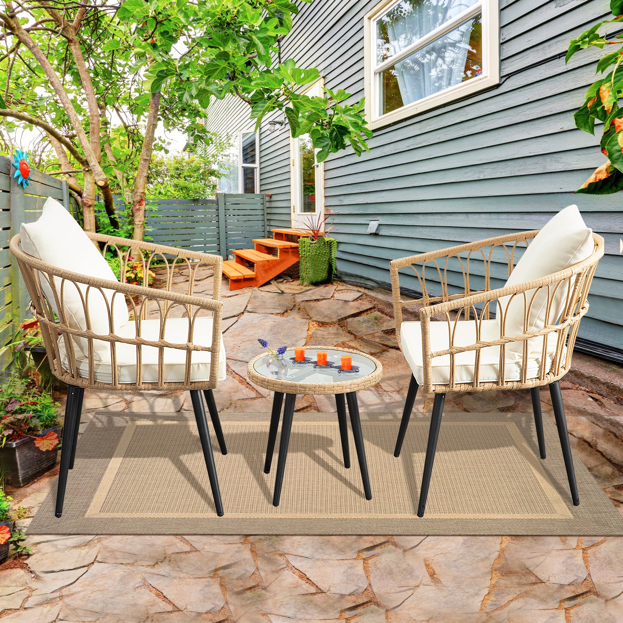 EarlGrove 3 -Piece Wicker Patio Conversation Set with Off-white Cushions