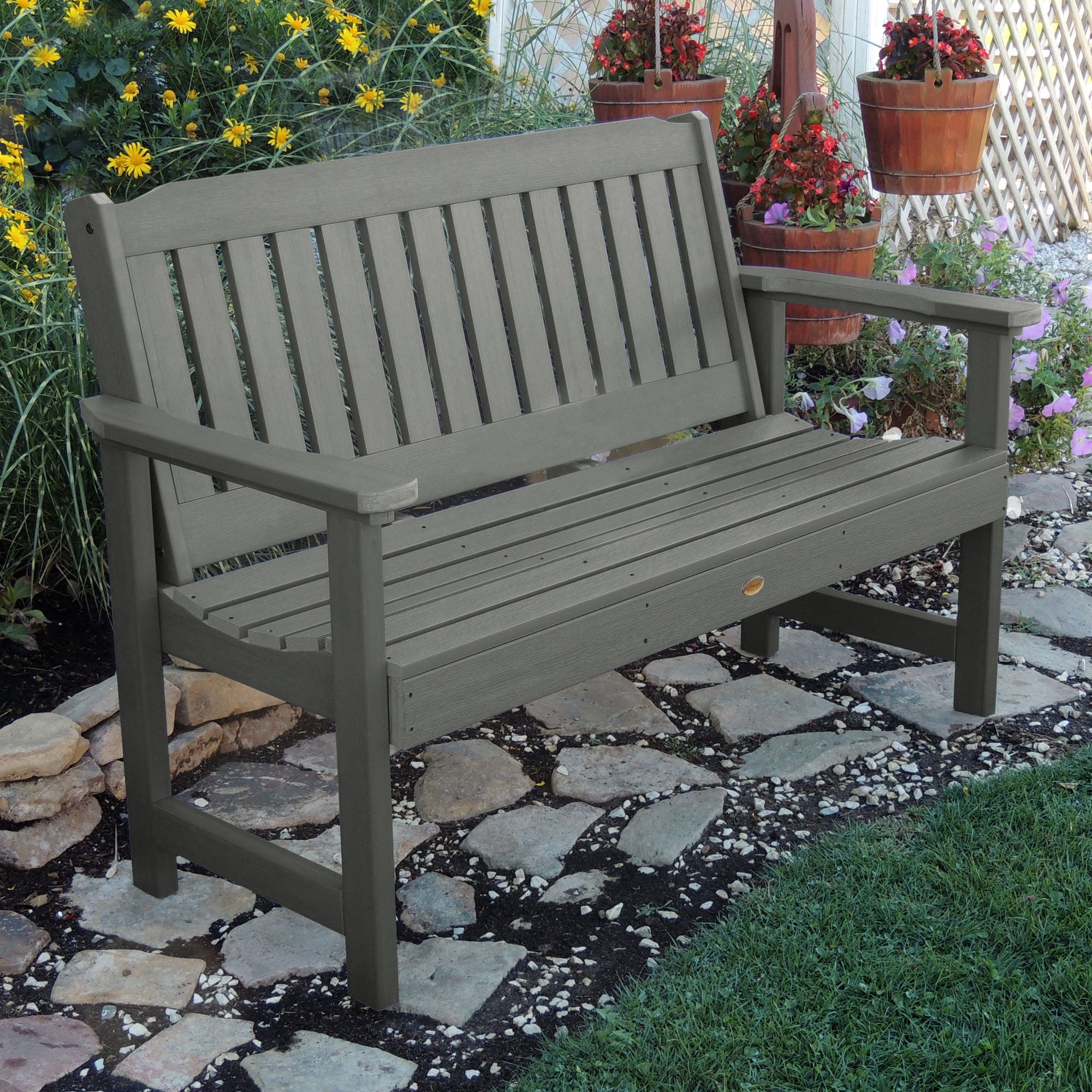 highwood AD-BENW1-CGE Lehigh 60-in W x 34-in H Coastal Teak Plastic Garden Bench