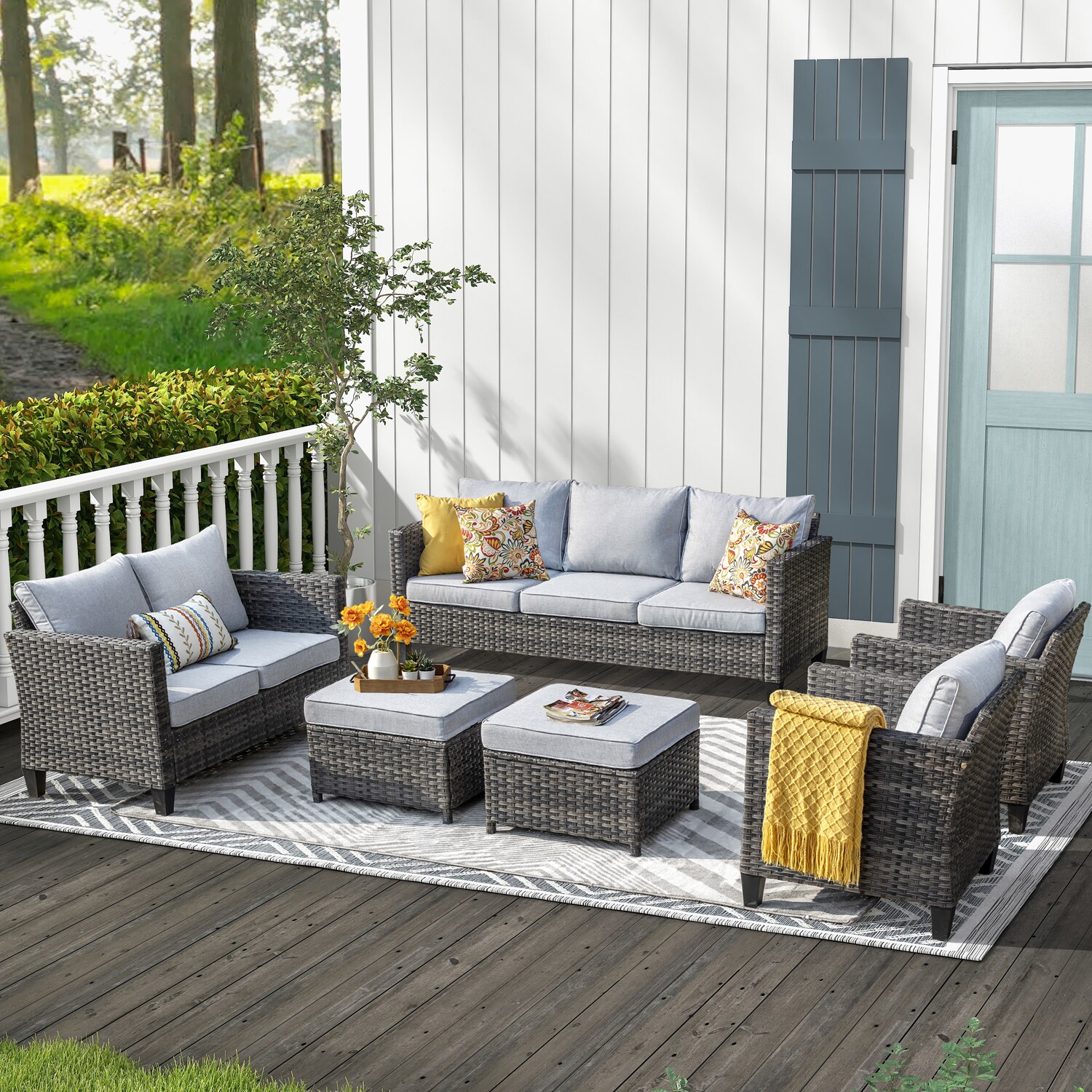 Ovios LGRS706 6 -Piece Wicker Patio Sofa Conversation Set with Gray Cushions