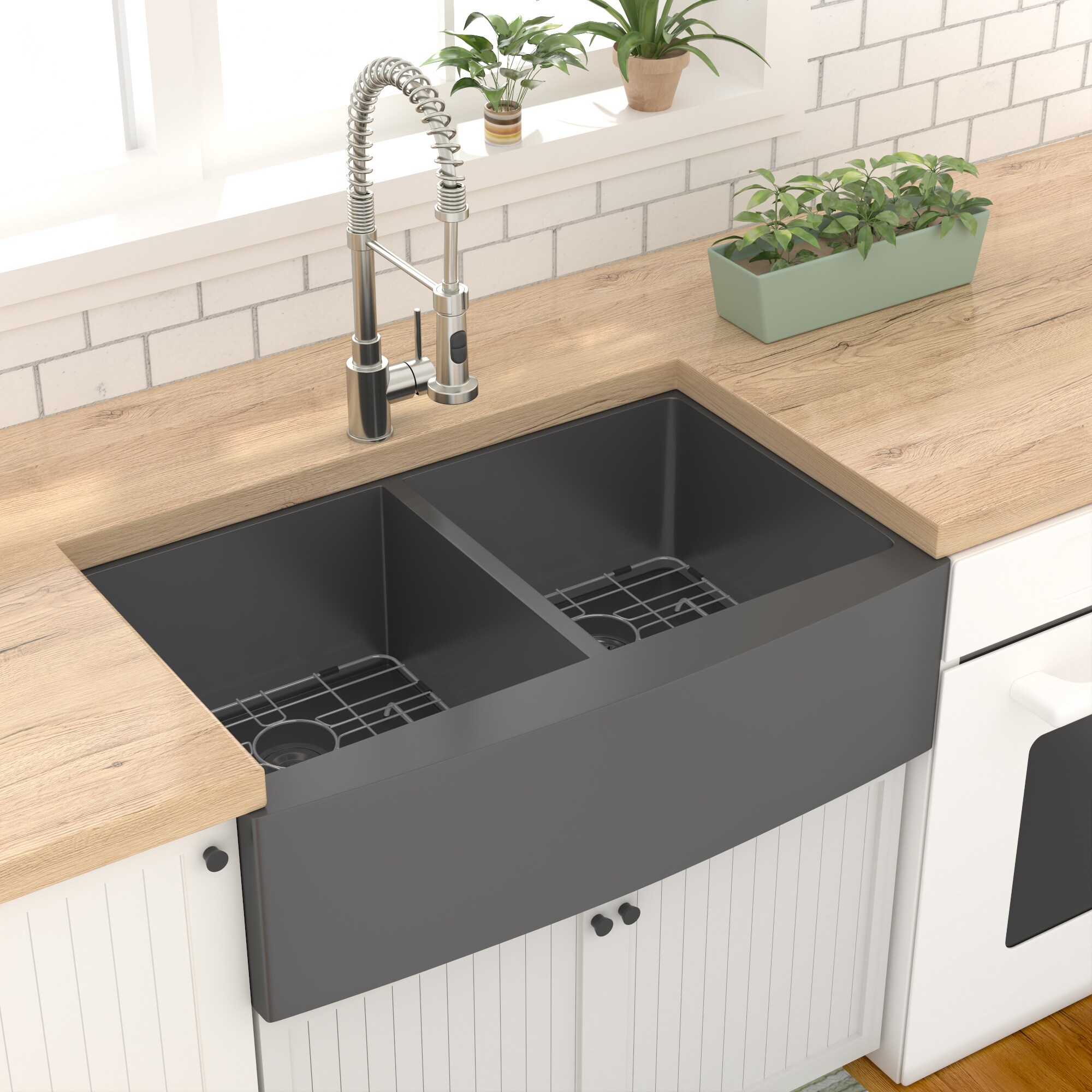 Lordear 50/50 Double Bowl Kitchen Sink Farmhouse Apron Front 36-in x 21 ...