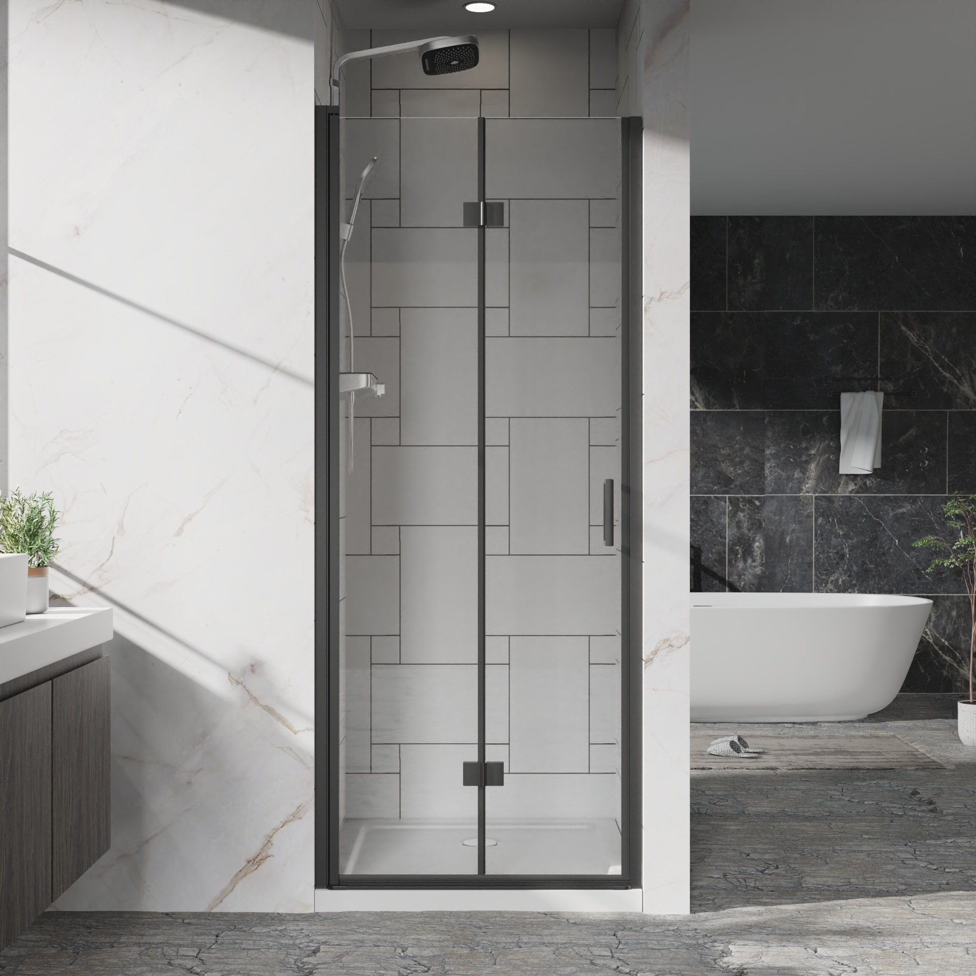 PexFix 72-in H x 30-in W Frameless Pivot Bi Fold Swing Shower Door 1/4 in Clear Tempered Glass Matte Black Finish Reversible Installation