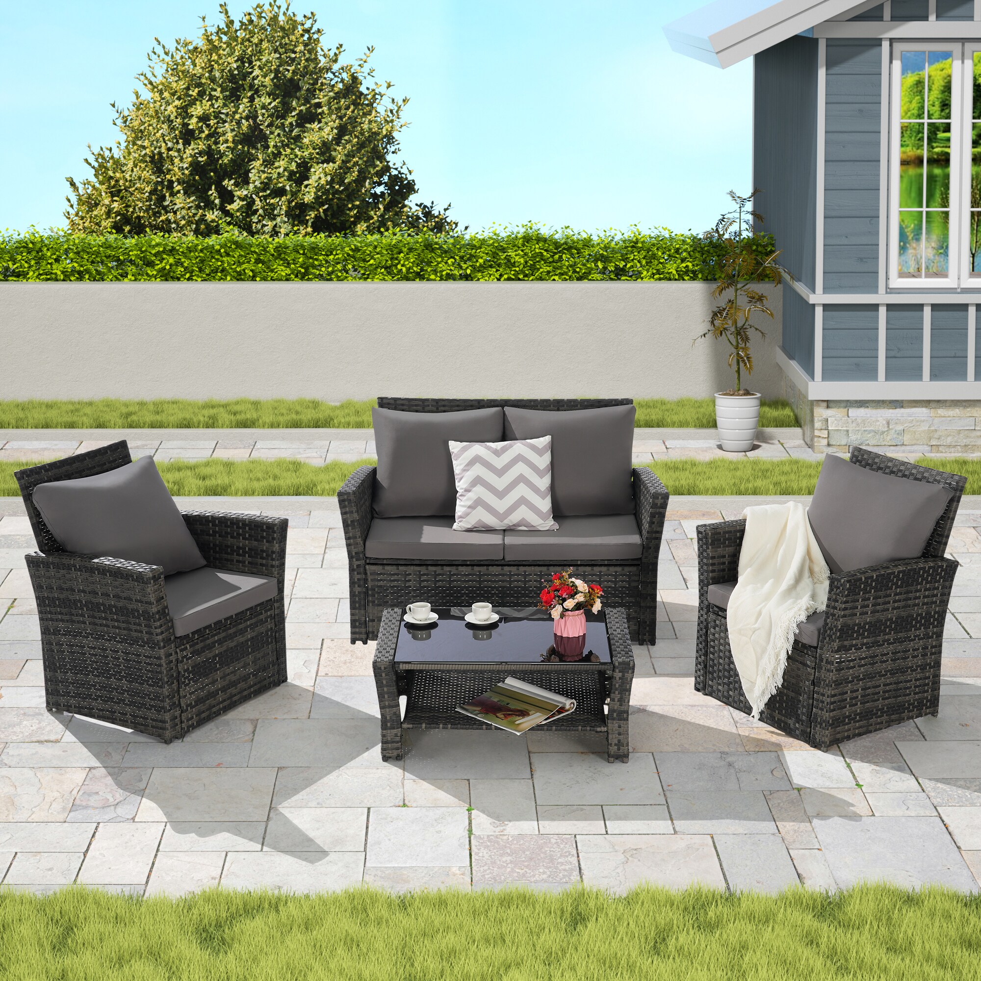 Sunrinx MG12-PFF-10 4 -Piece Rattan Patio Conversation Set with Dark Gray Cushions
