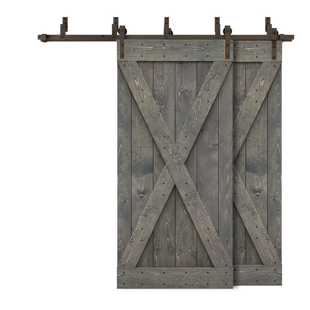 CALHOME 5XBP+S79+(2)X38GT 76-in x 84-in Weather Gray Stained X-frame Knotty pine Wood Solid core Double Bypass Barn Door (Hardware Included)