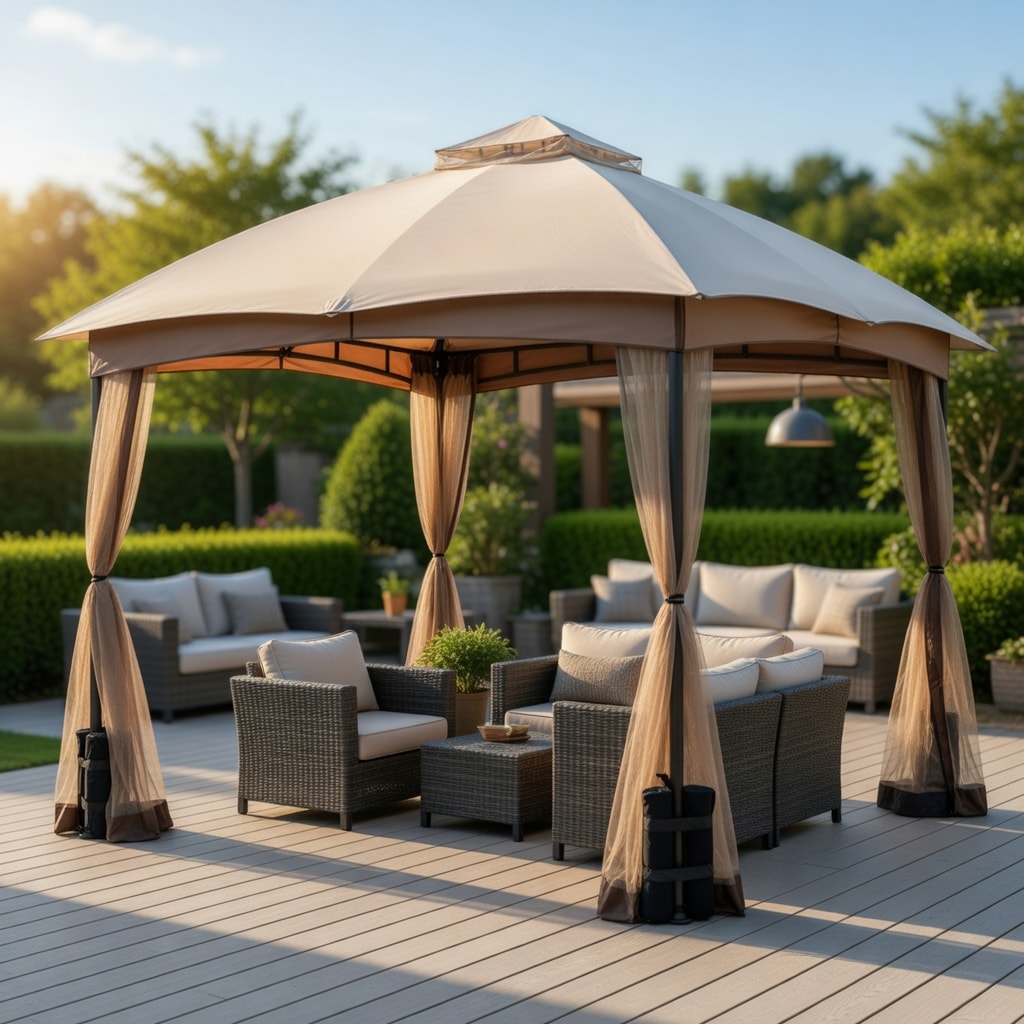 VERYKE 10 ft x 10 ft Double-Vent Patio Gazebo with Privacy Netting, Heavy-Duty Powder-Coated Frame, 4 Sandbags and Weather-Resistant Khaki Canopy
