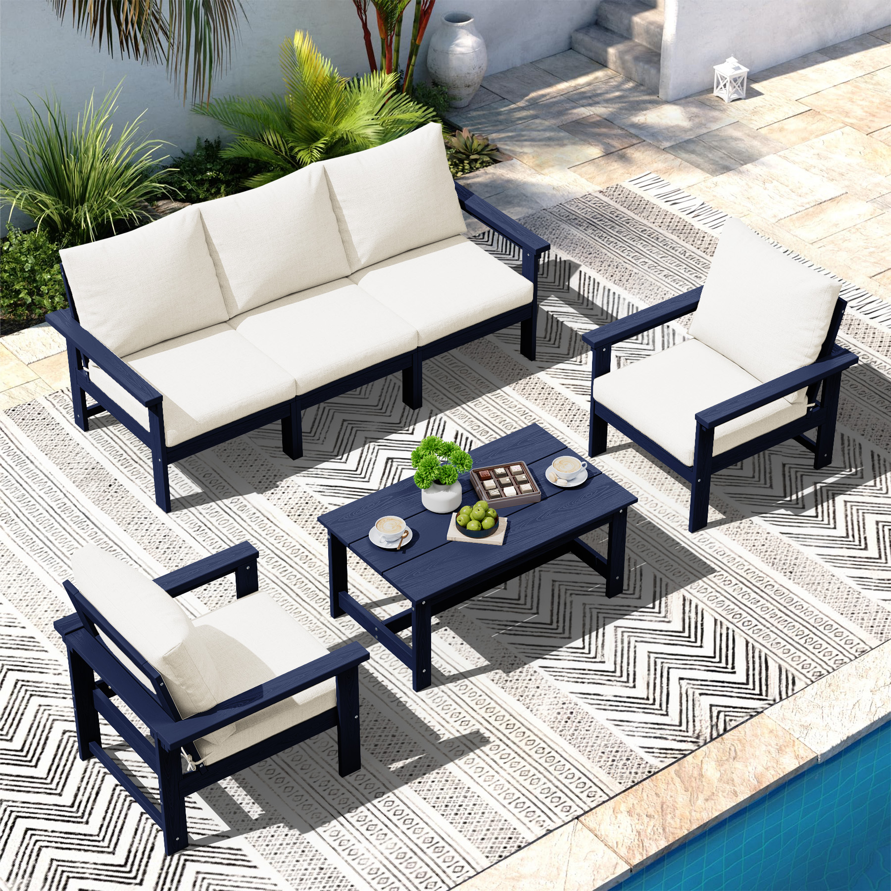 JEAREY PEZHSF06-NK Durable HDPE Patio conversation Set with Coffee Table Outdoor Sectional with Beige Cushions and HDPE Frame