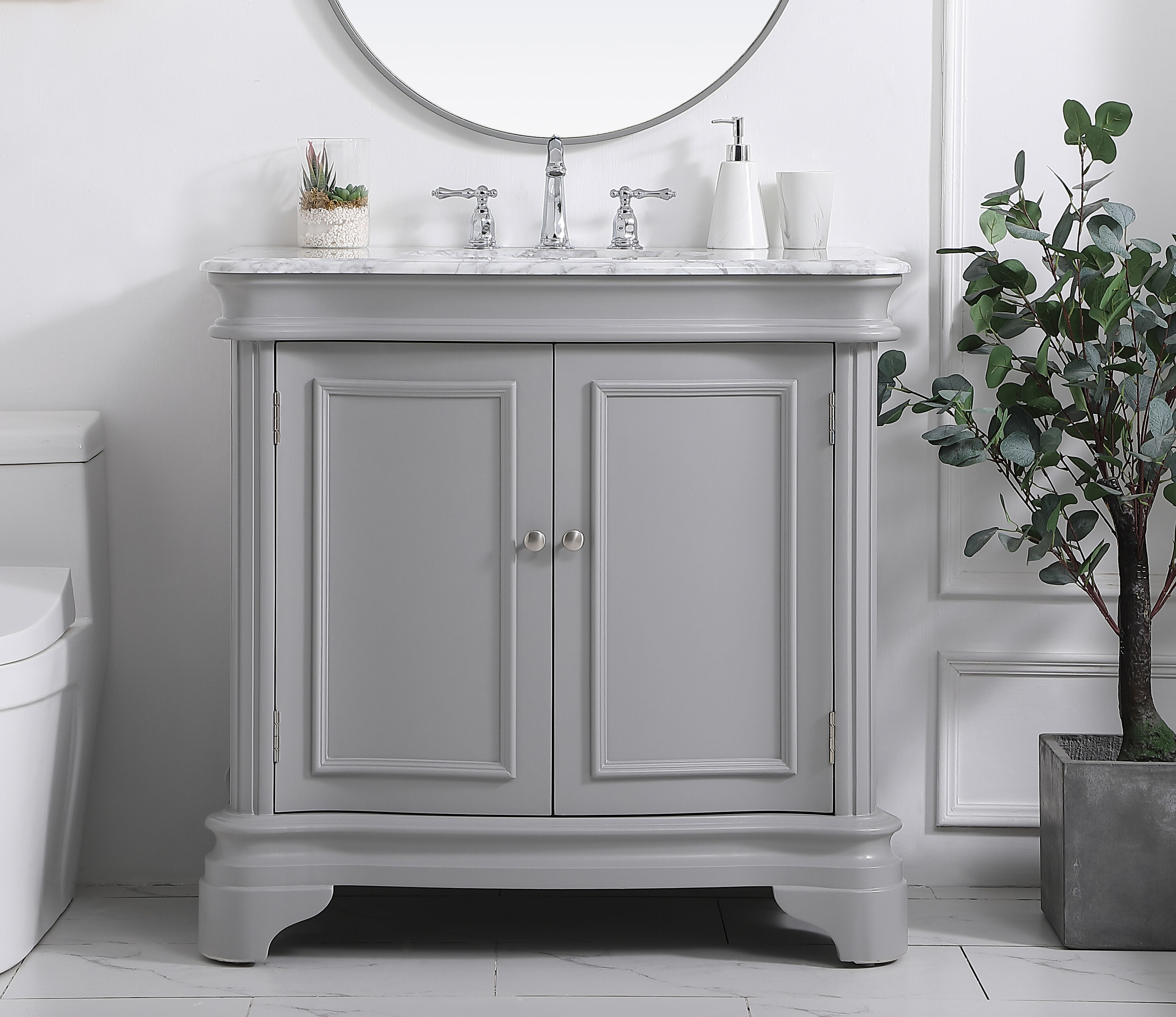 Home Furnishing 36-in Grey Undermount Single Sink Bathroom Vanity with Carrara White Marble Top in Gray | - Elegant Decor HF156108GR