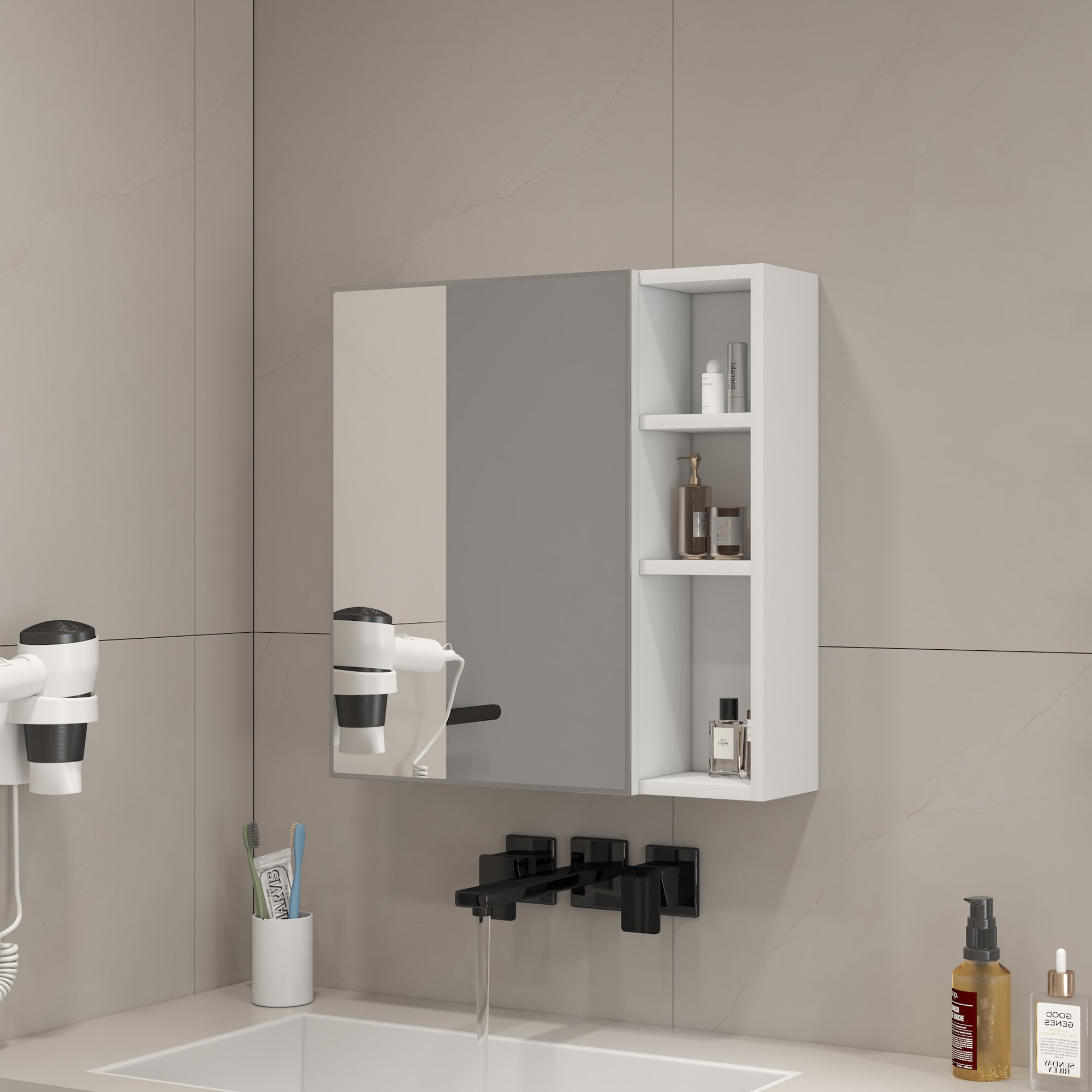 LOVMOR 21.7-in x 5-in x 22-in White Bathroom Wall Cabinet with Mirror Wall Mounted Storage Interior Storage #SF-W-W1151P318194