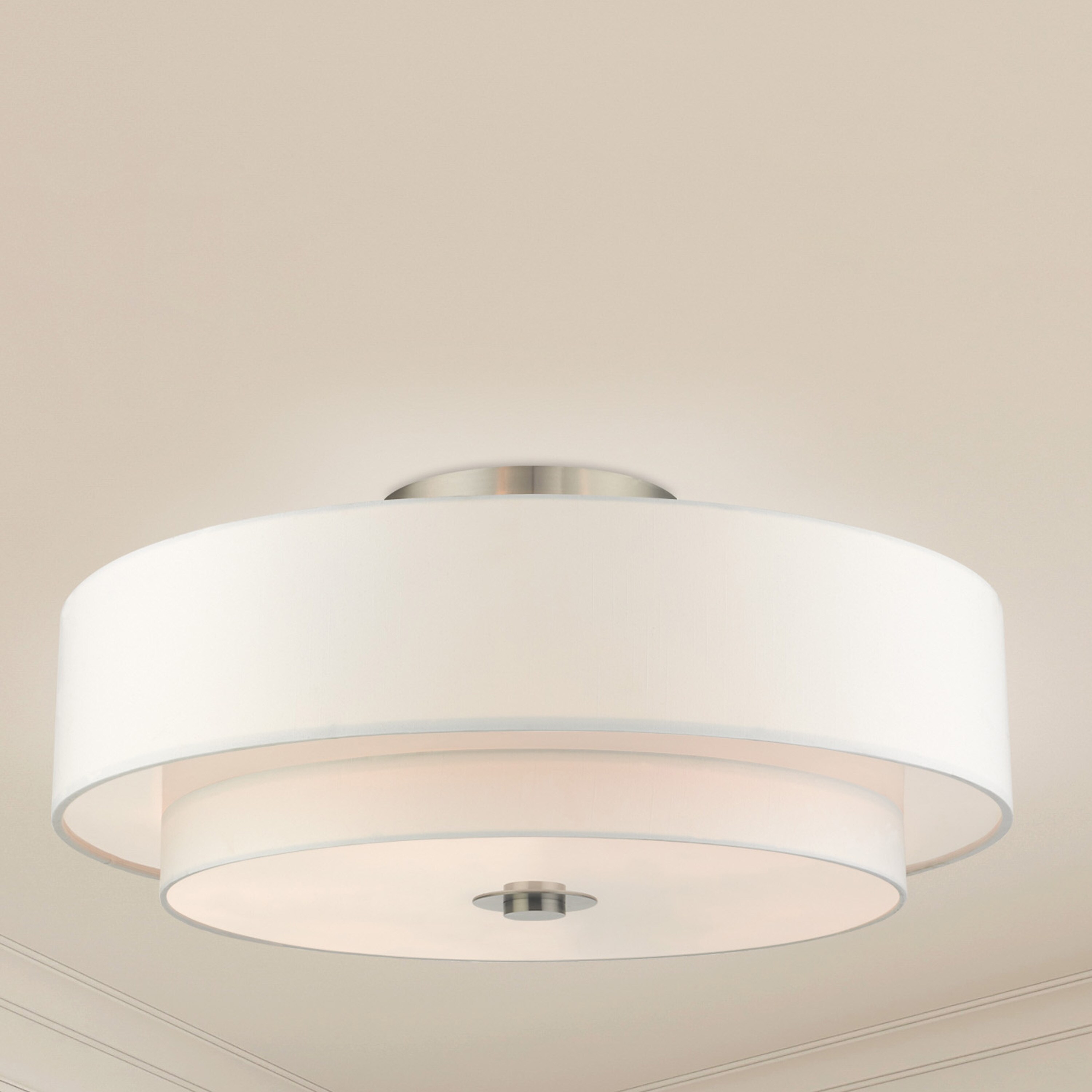 Modern Brushed Nickel 6-Light Drum Semi-Flush Mount with Glass Shade