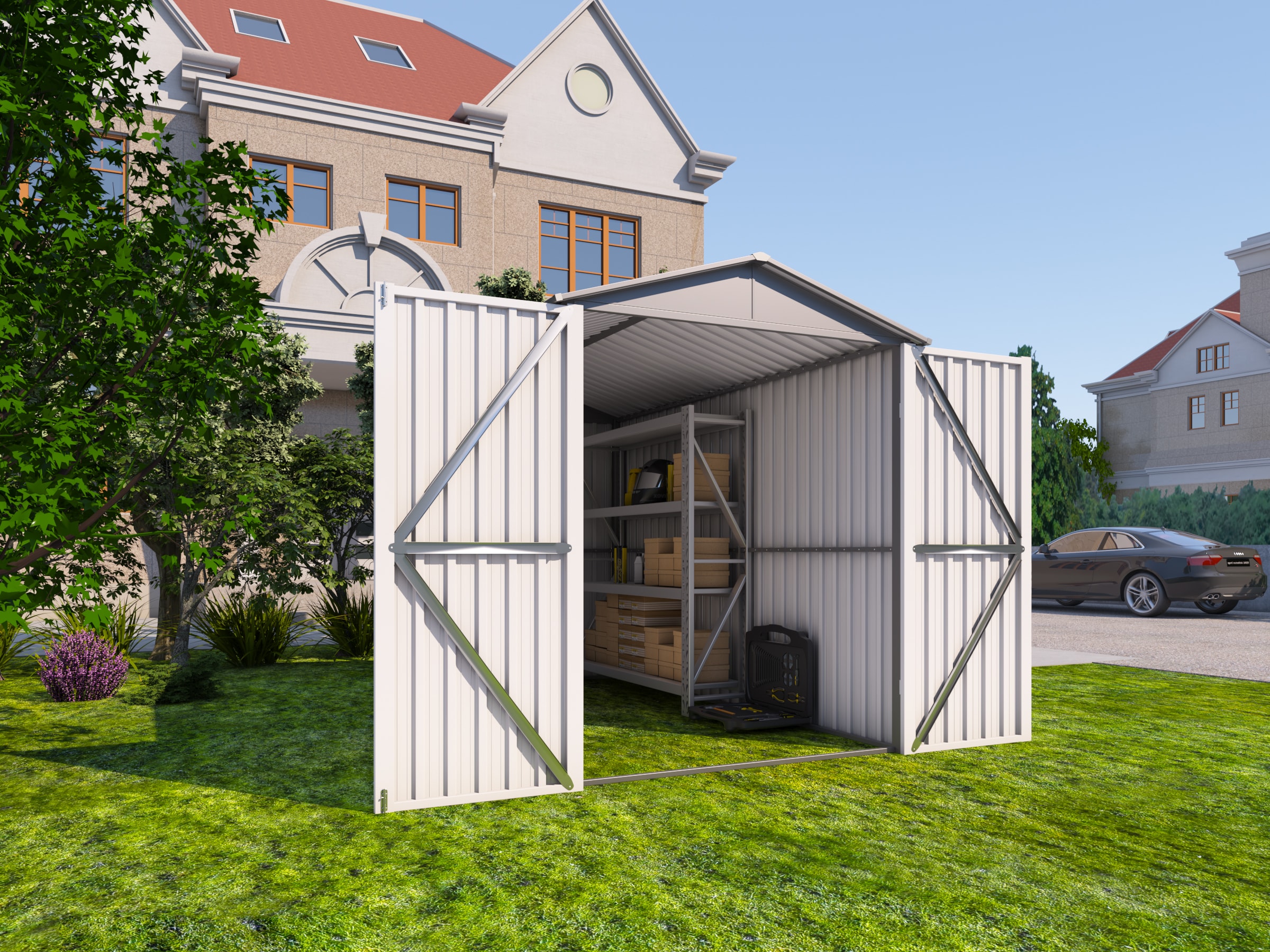 Tatayosi JL50S00074 Motorcycle Outdoor Storage Shed With Window without tracks and fixtures Grey and White