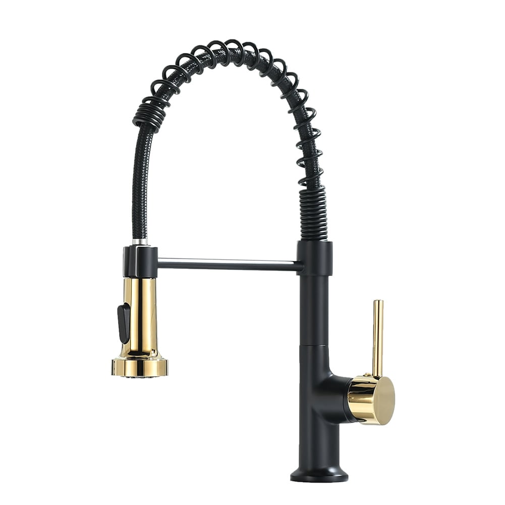 Flynama XY-Q-2135BG-1P Matte Black and Gold Single Handle Deck-mount Pull-down Kitchen Faucet with Sprayer