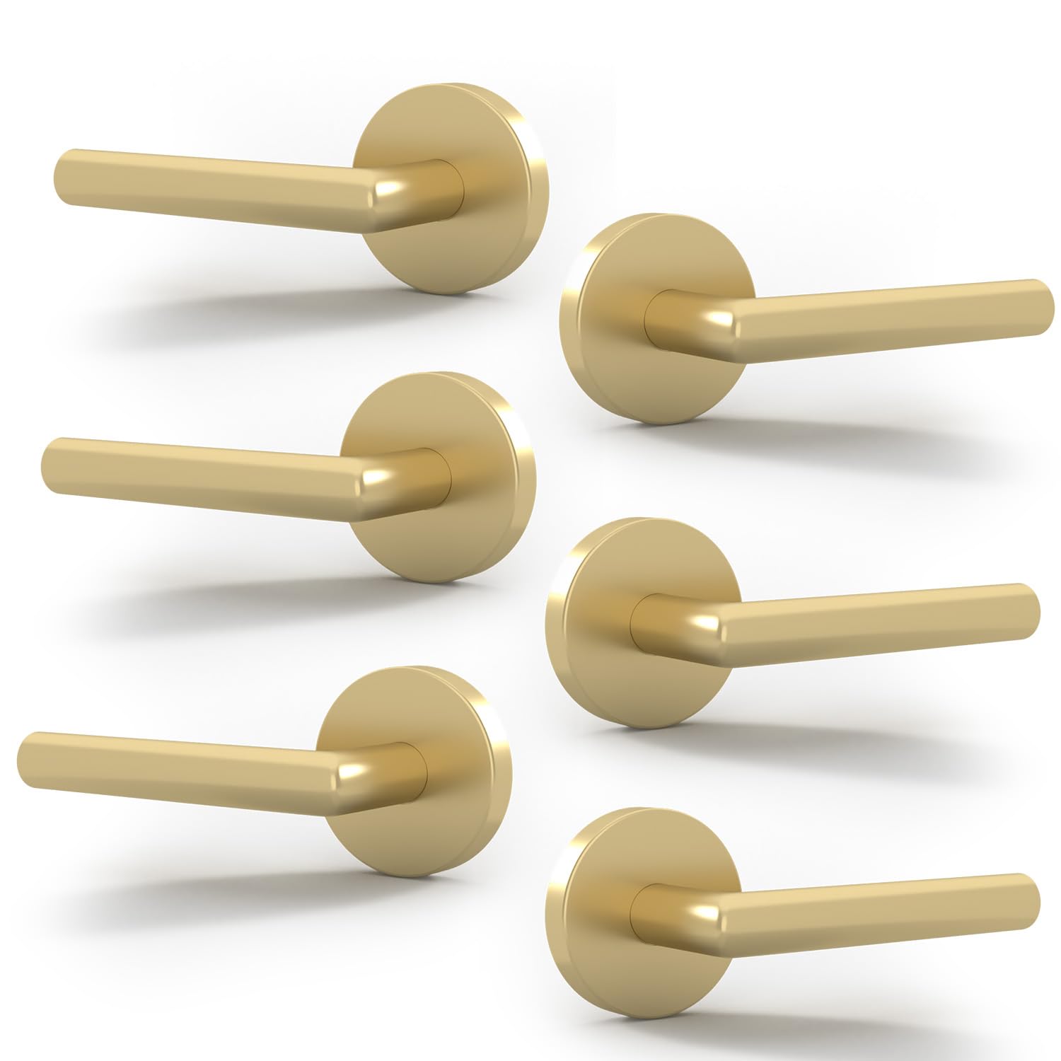 Mega Handles  Ronn Dummy Door Handles - 6 Pack Heavy Duty Gold Door Handle - Non-Turning Door Handle for Hallway - Closet and French Doors - Single Side - Fits All Standard Doors - Satin Brass