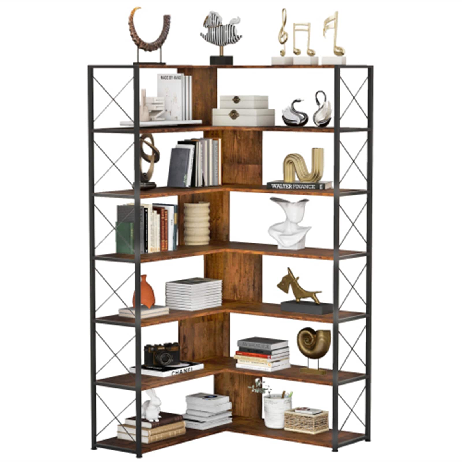 BESTCOSTY WF290LJW123AADZYYRL Brown MDF 7 -Shelf Corner Bookcase ( 37.4-in W x 70.9-in H x 37.4-in D ) Unfinished