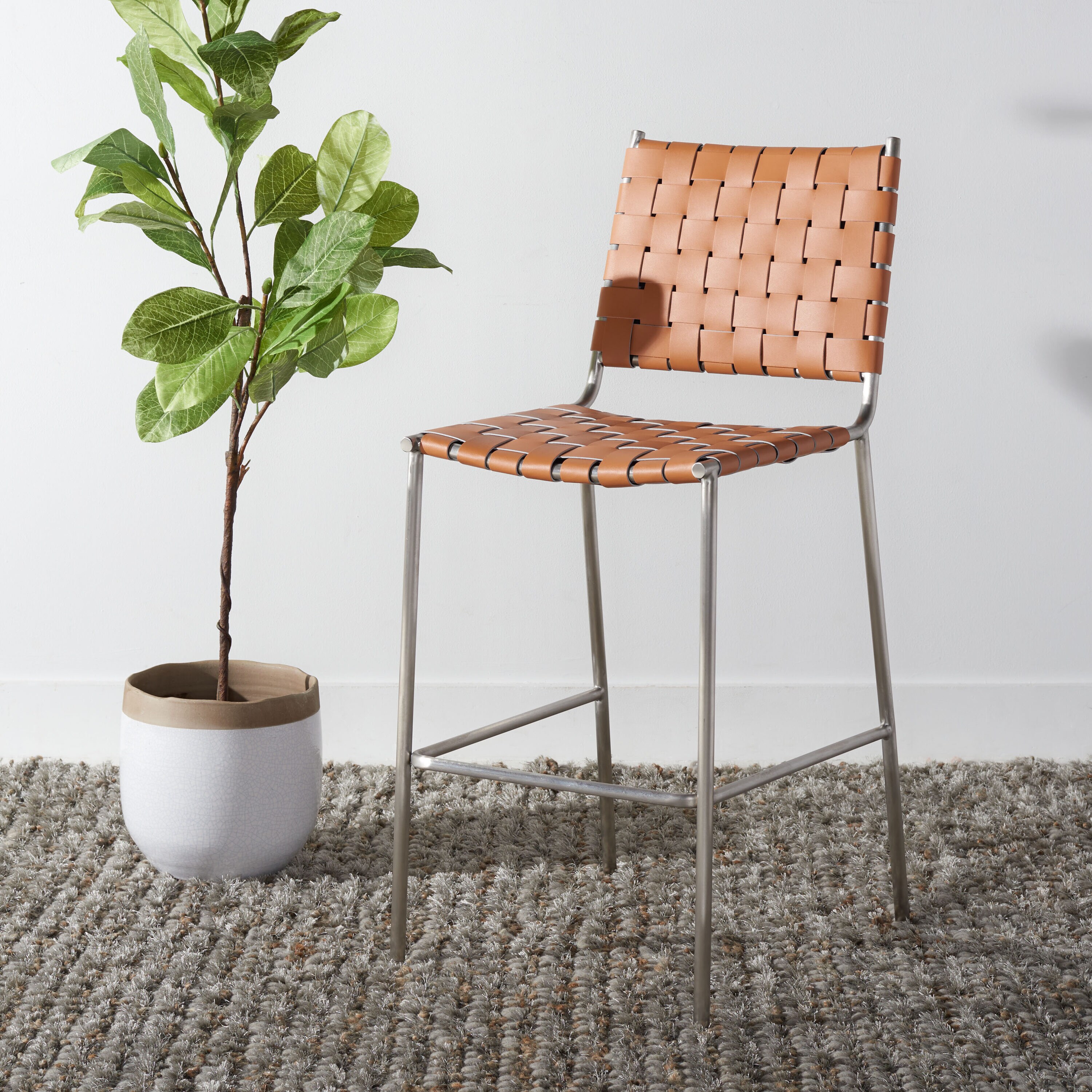 Cognac Leather and Silver Metal Saddle Counter Stool