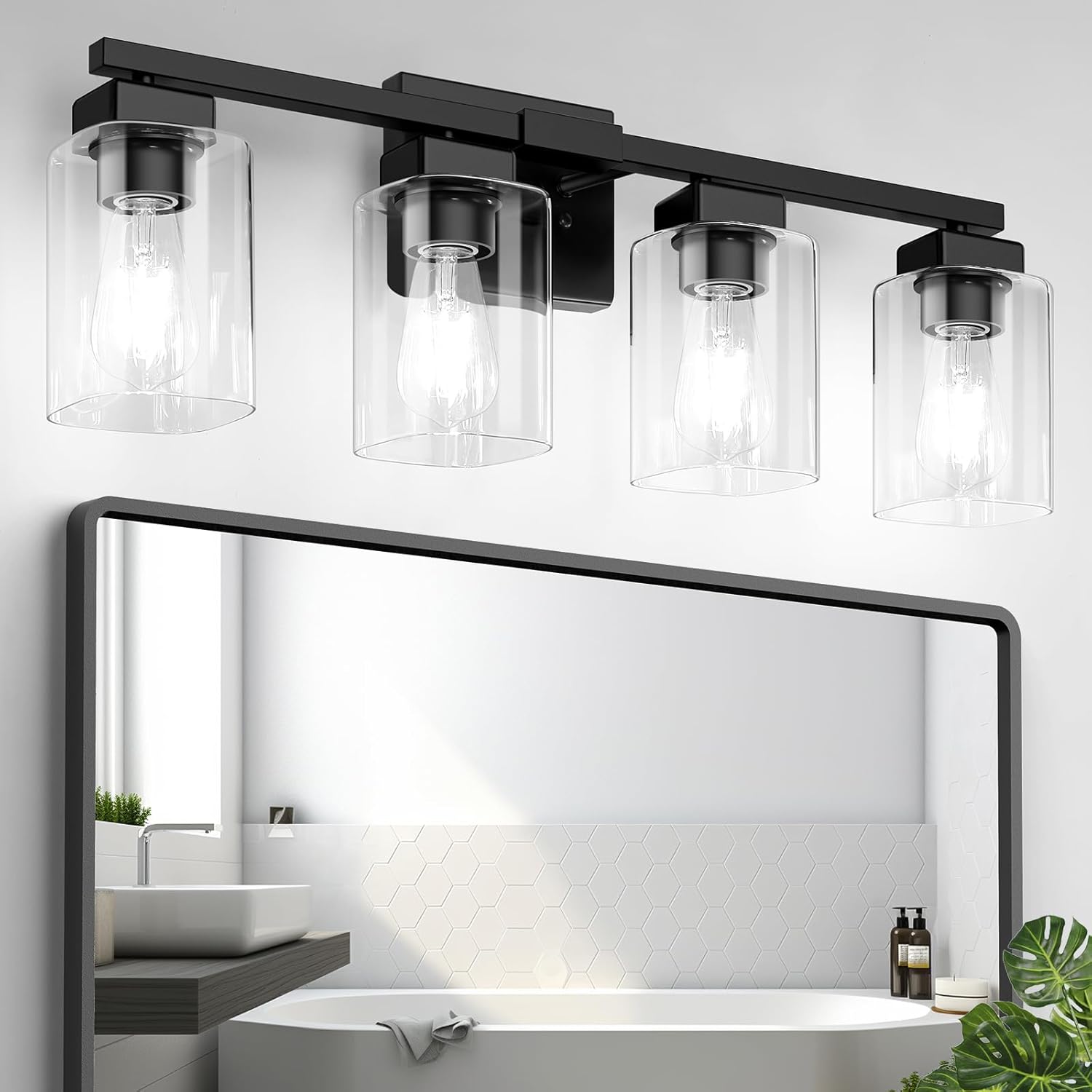 Nordic Hygge 27 Inches 4 Light Bathroom Vanity Light Modern Matte Black Fixture with Clear Glass Shades for Mirror