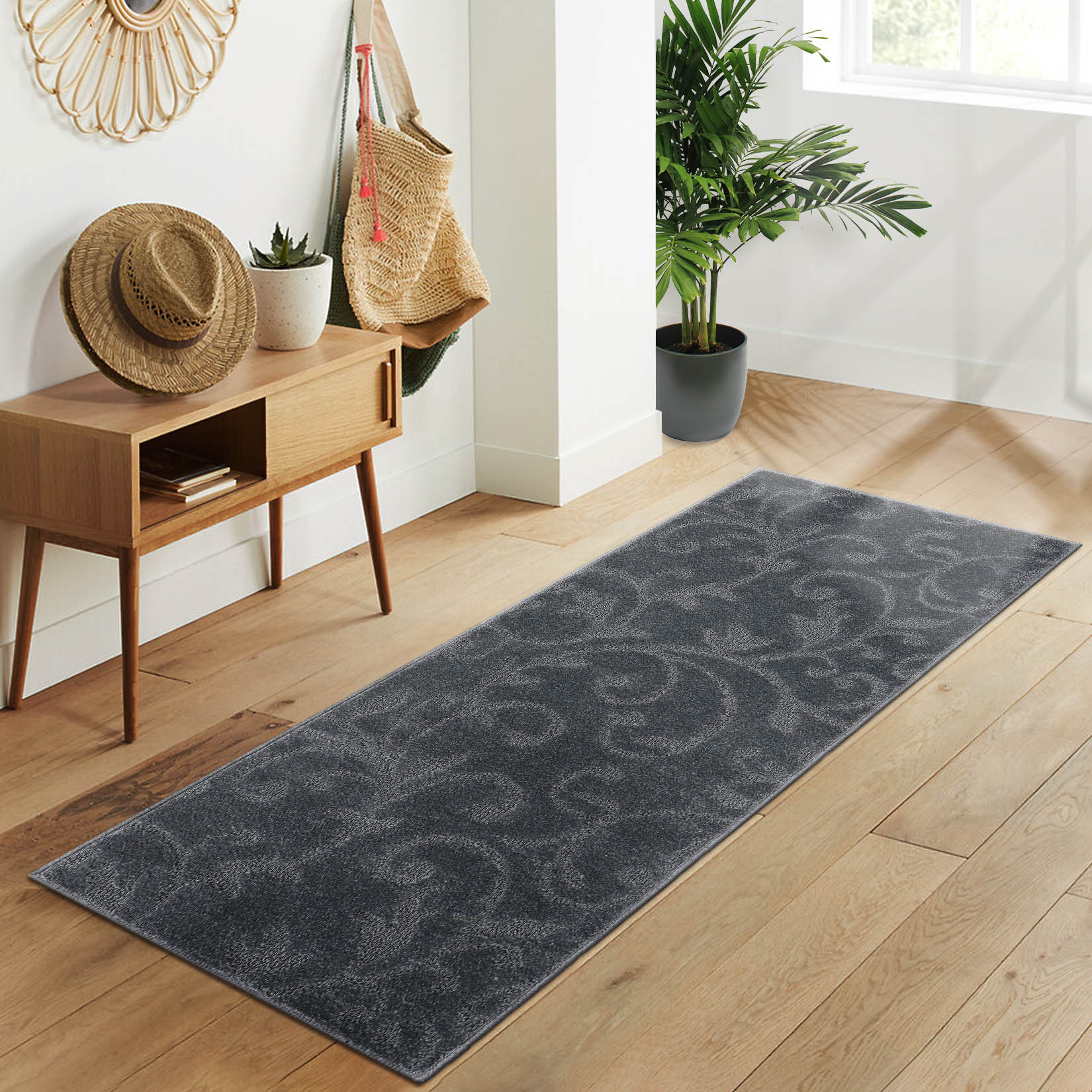Garvee YXY-LO-PHO-0Z2ZBPTN 2 x 6 (ft) Loomed Polyester Gray Rectangular Indoor Floral/Botanical Tropical Machine washable Runner rug
