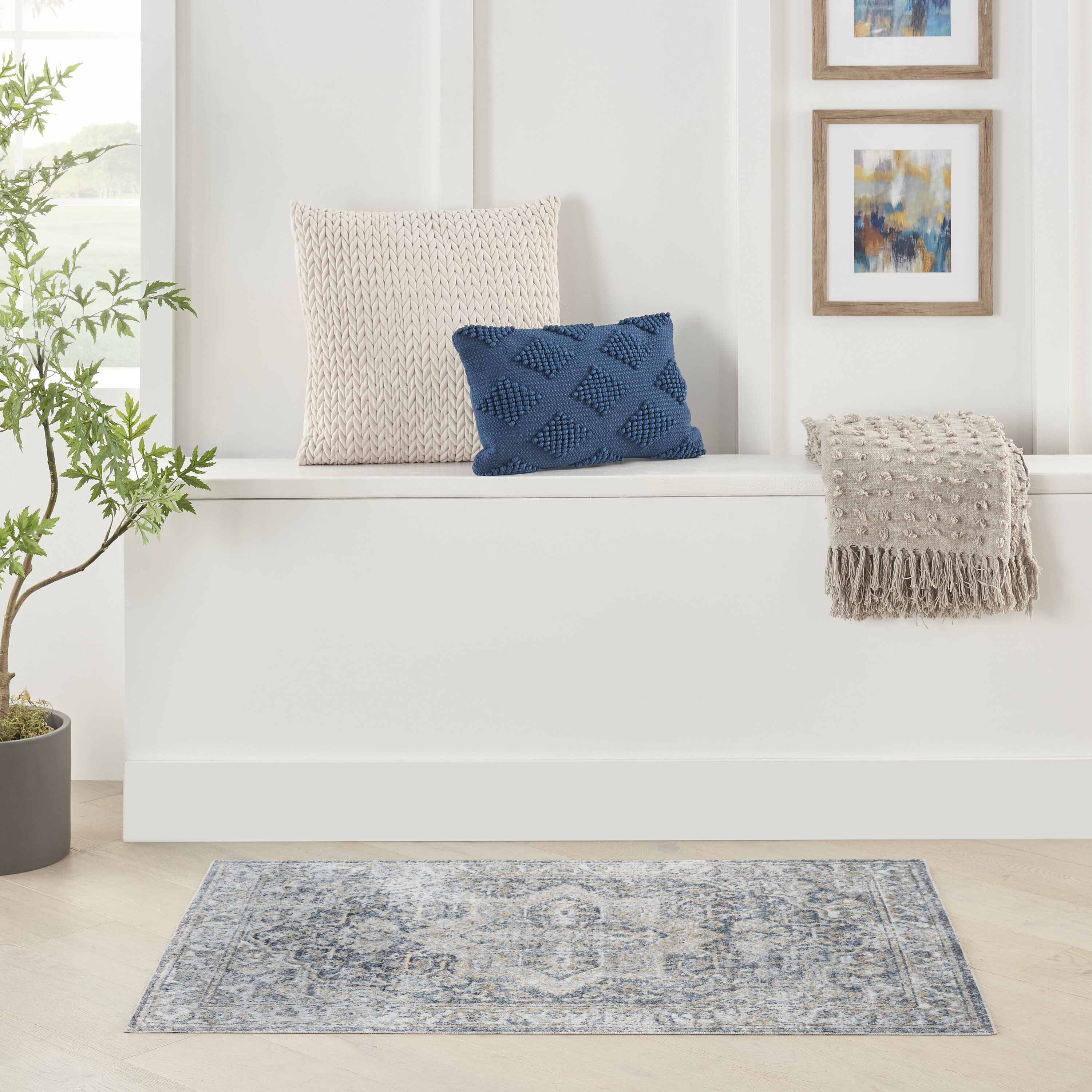 Nourison 099446124753 Astra Machine Washable 2 x 4 (ft) Loomed Polyester Grey/Blue Rectangular Indoor Distressed/Overdyed Vintage Machine washable Area rug