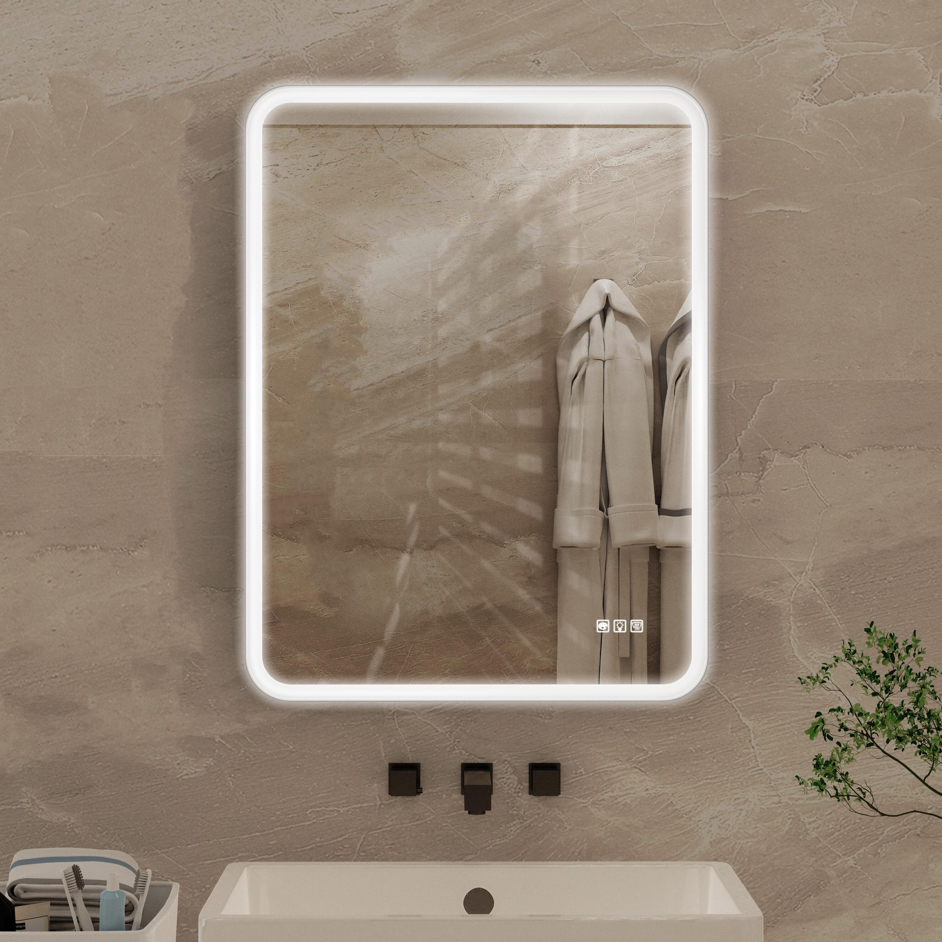 Bayfeve BF-195762-MIR Bathroom Vanity Mirror 24-in x 32-in Framed Rectangle Dimmable LED Lighted Fog Free Bathroom Vanity Mirror ( Matte White )
