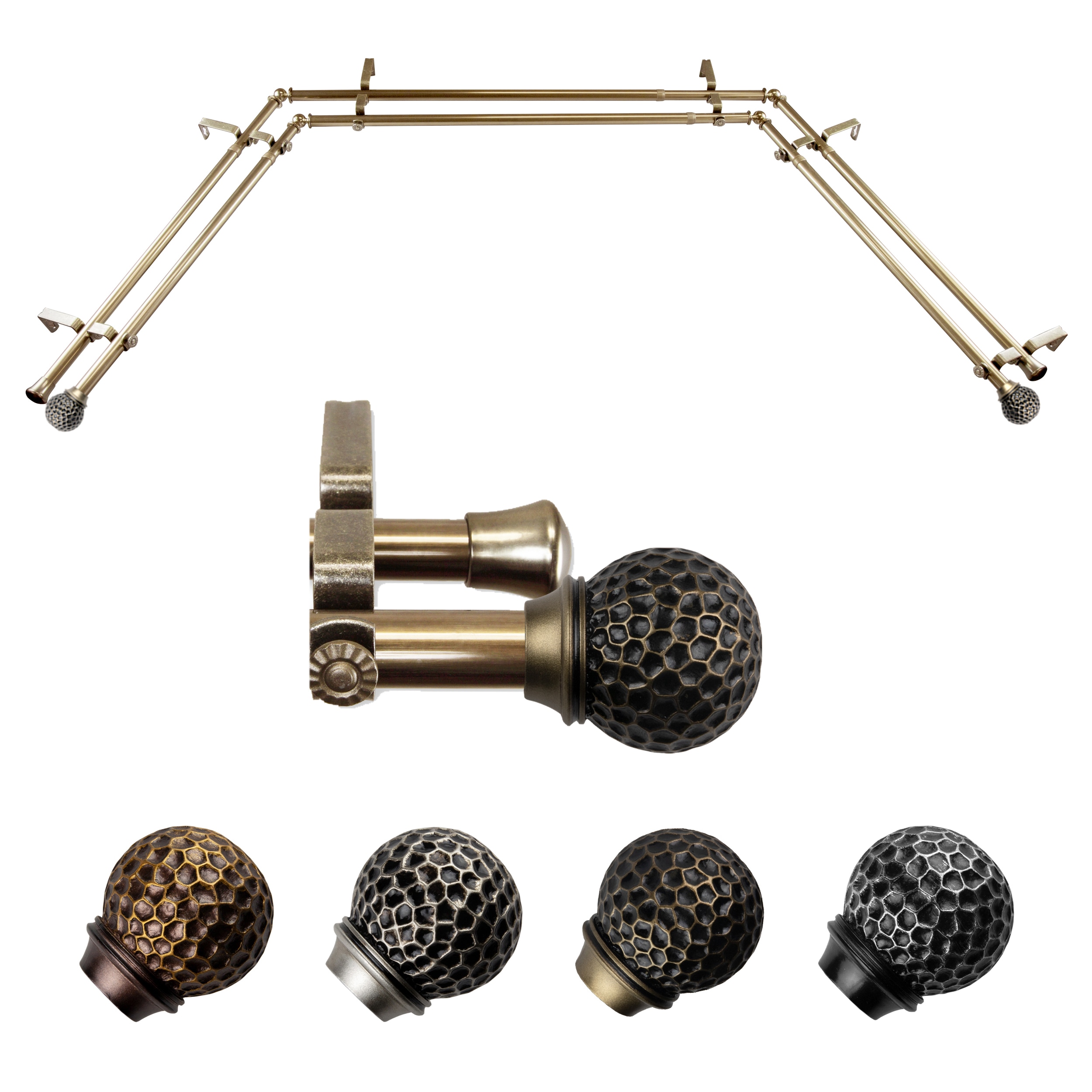 Hart & Harlow L-ABAY-85-4D Colin 13/16-in Double 38-in to 72-in Antique brass Steel Bay window curtain rod with Finials