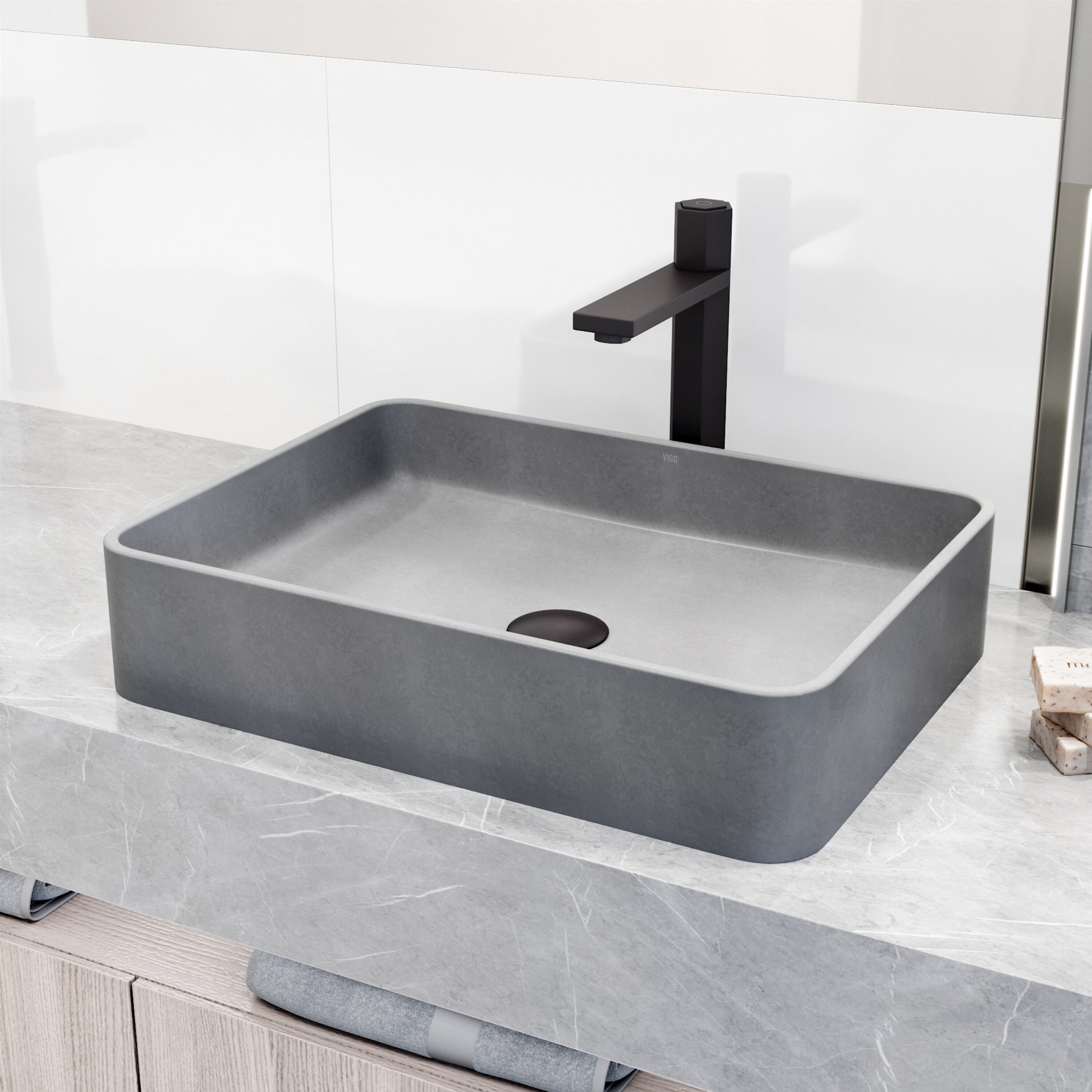 Gray Concrete Rectangular Vessel Bathroom Sink, 19" x 14"