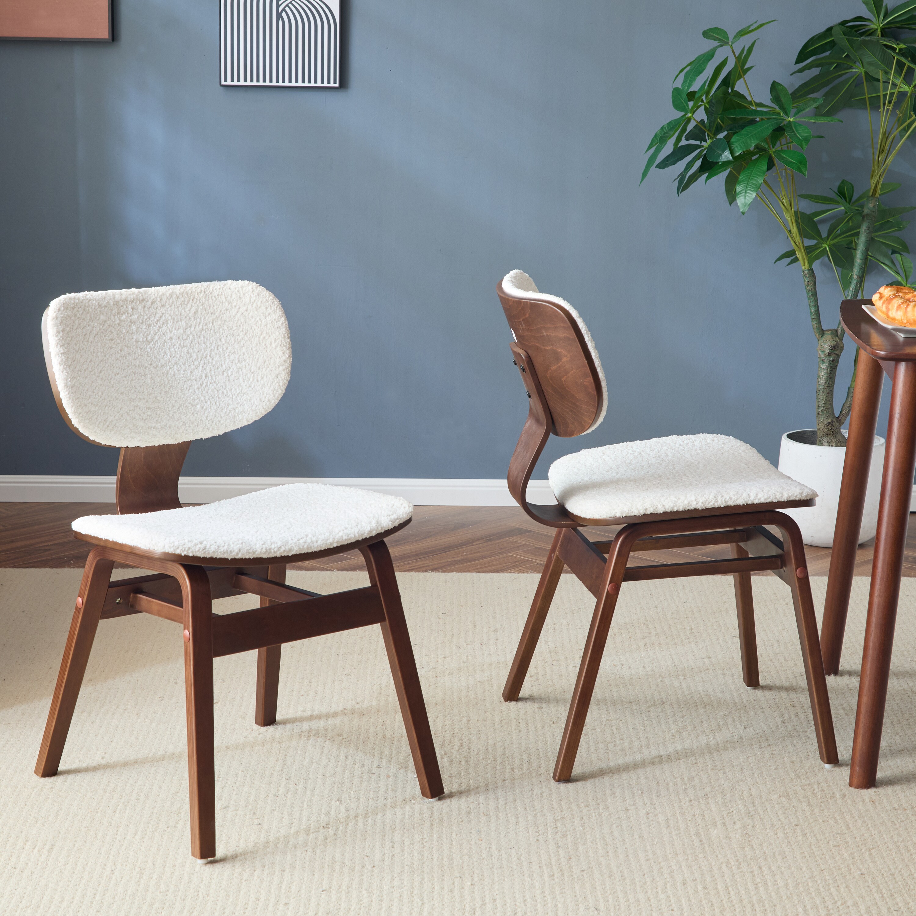 Beedesign Boucle Fabric Upholstered Side Chair White and Walnut in the ...
