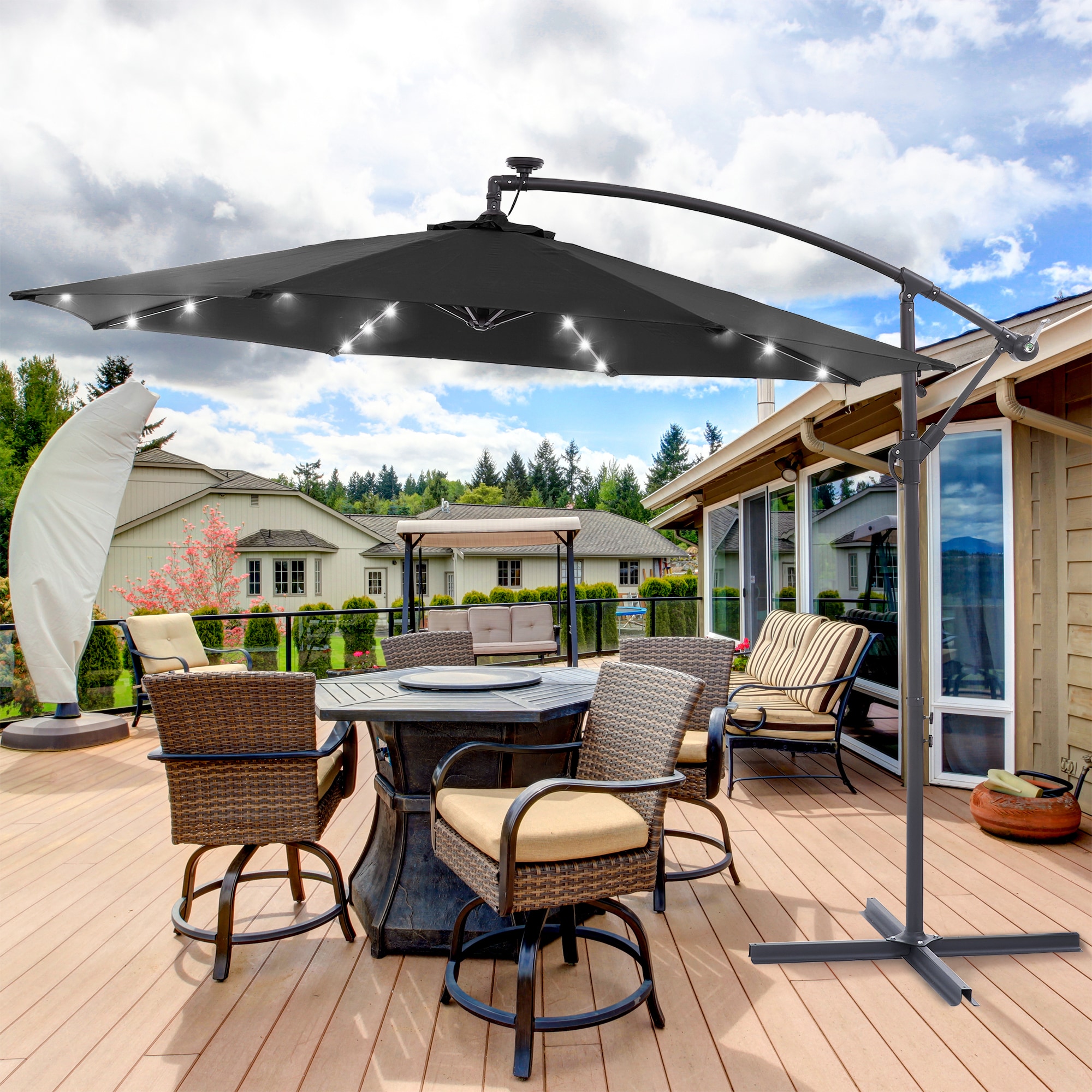 ACEGOSES LW-LED34B 10-ft Steel Black No-tilt Offset Patio Umbrella with Lights