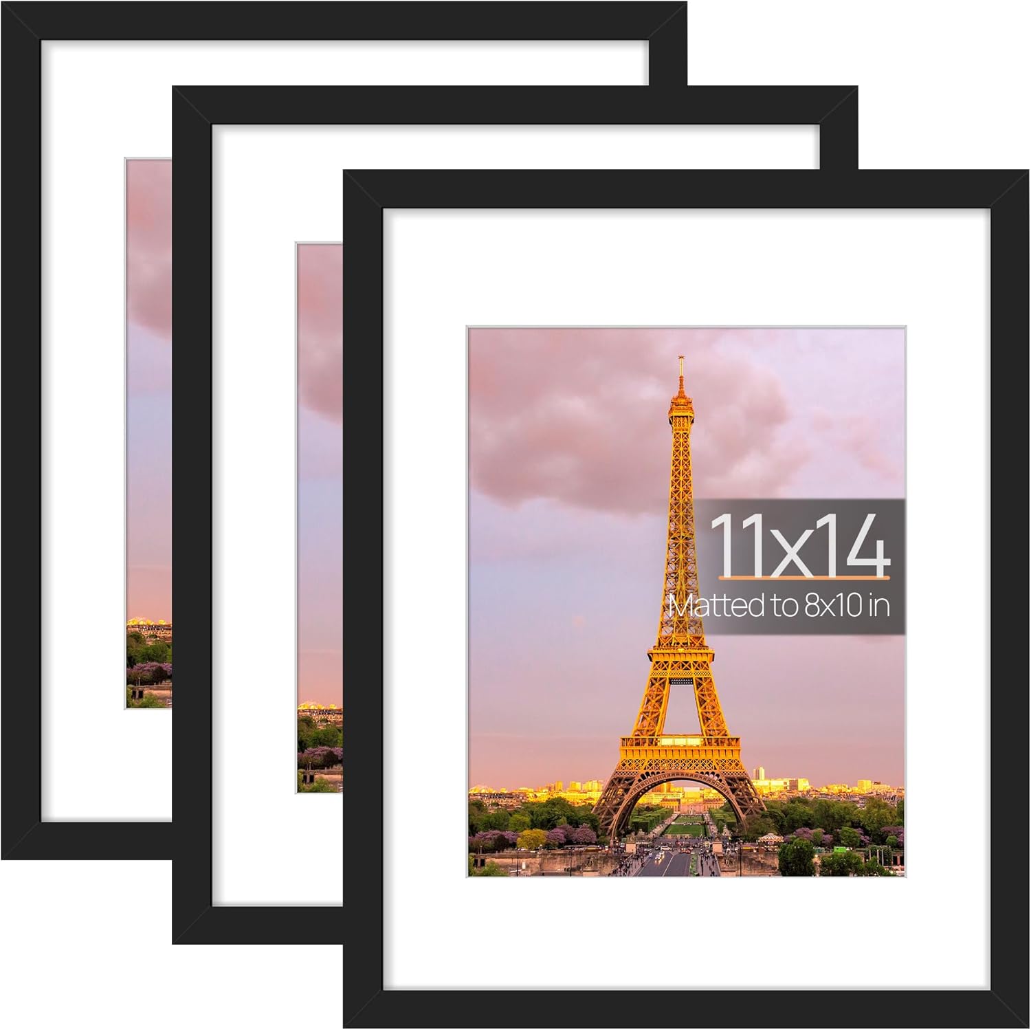 Upsimples B0866F4K9J 11x14 Picture Frame 3 Pack Black with High Definition Glass Displays 8x10 with Mat or 11x14 Without Mat for Wall or Tabletop