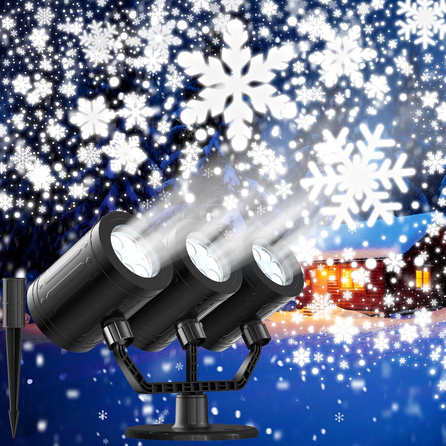 Etokfoks  Triple Head Snowflake Christmas Projector Light Outdoor Waterproof LED 18 Lamp Beads 16.4 ft Cord 1 Piece for Holiday Decoration