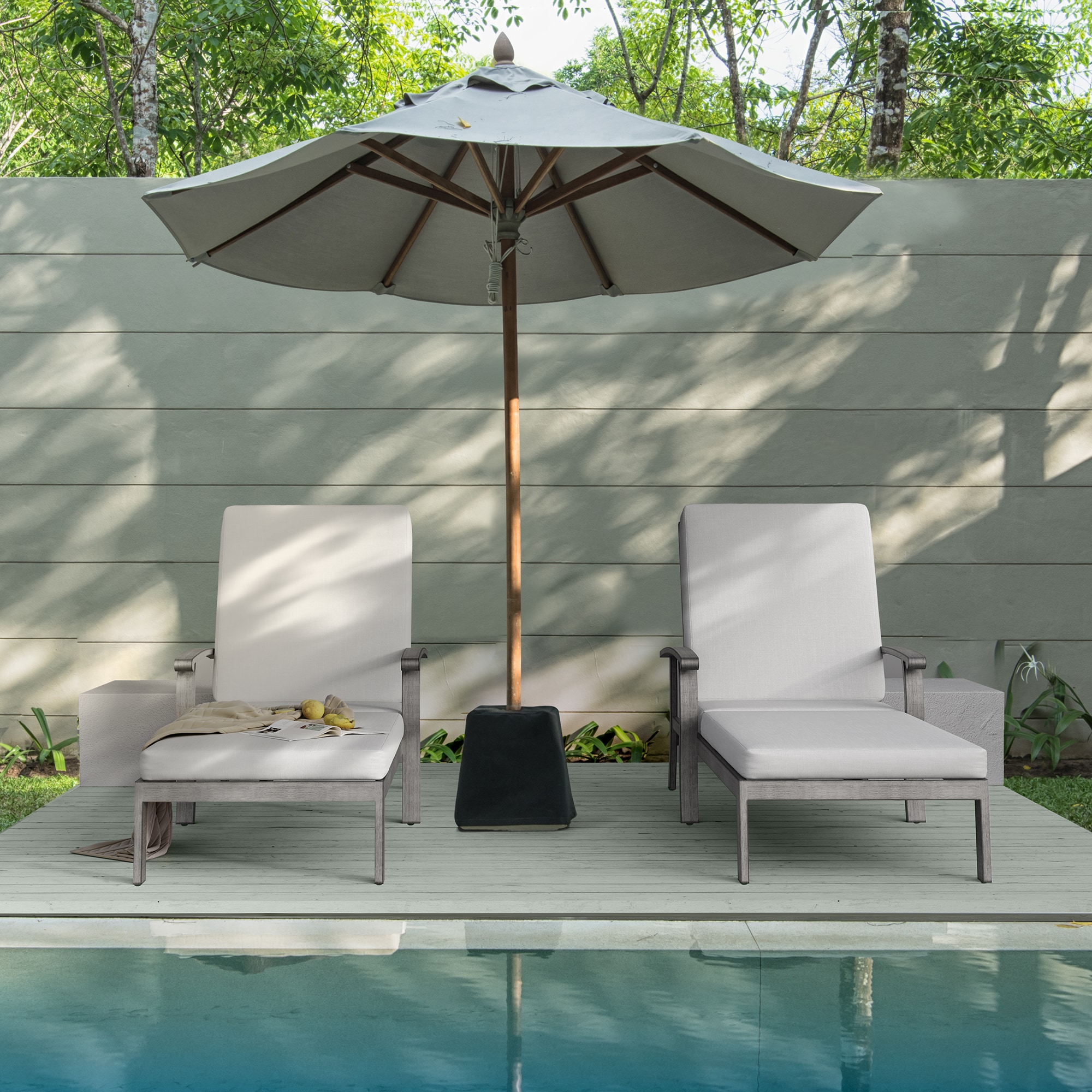 Gray Aluminum Frame Outdoor Chaise Lounge with Cushions, Set of 2
